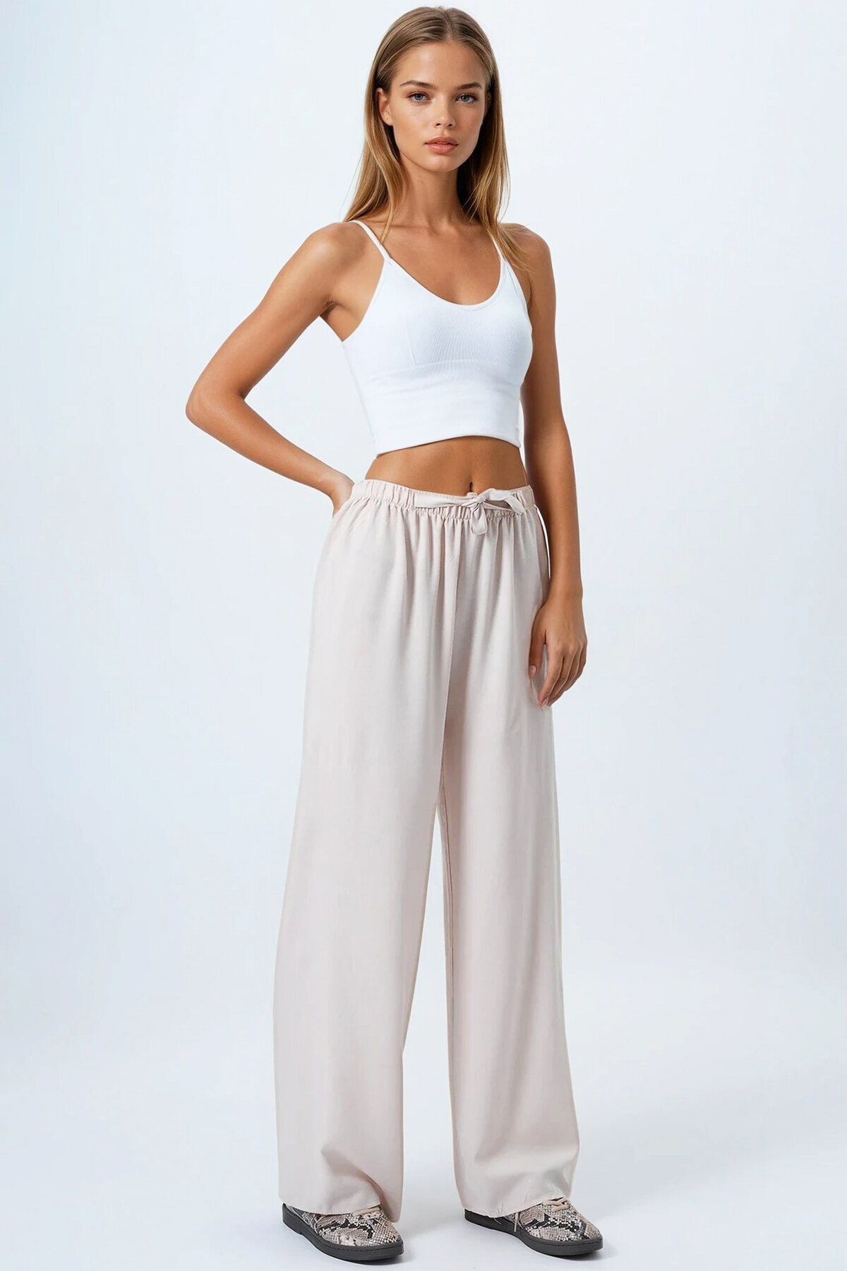 Bej Bağcıklı Beli Lastikli Palazzo Pantolon