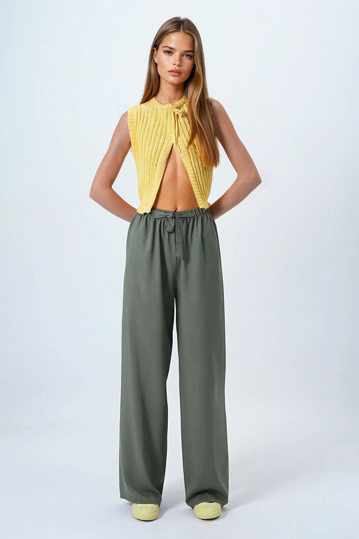 Haki Bağcıklı Beli Lastikli Palazzo Pantolon