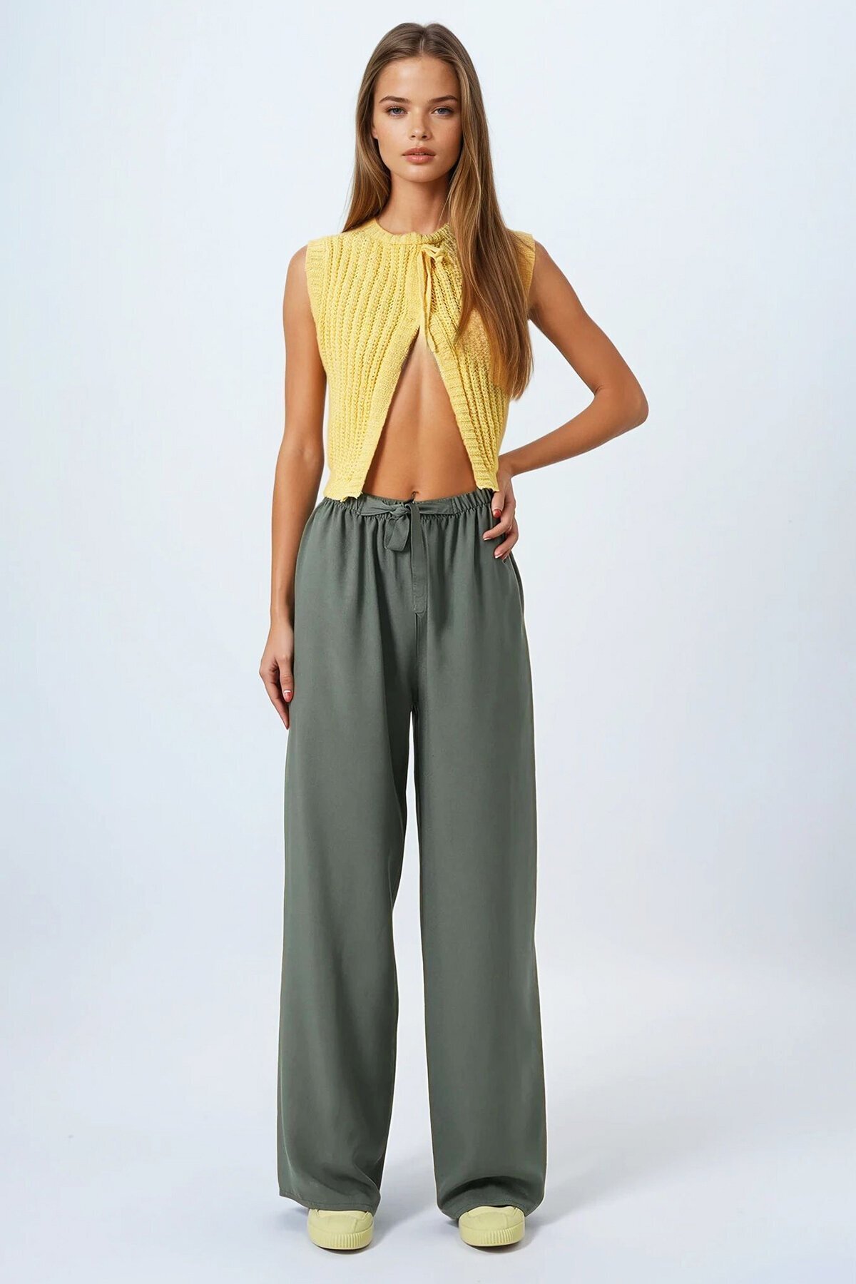 Haki Bağcıklı Beli Lastikli Palazzo Pantolon
