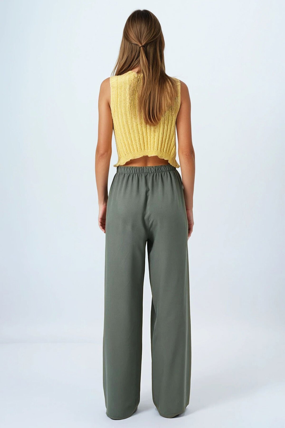 Haki Bağcıklı Beli Lastikli Palazzo Pantolon