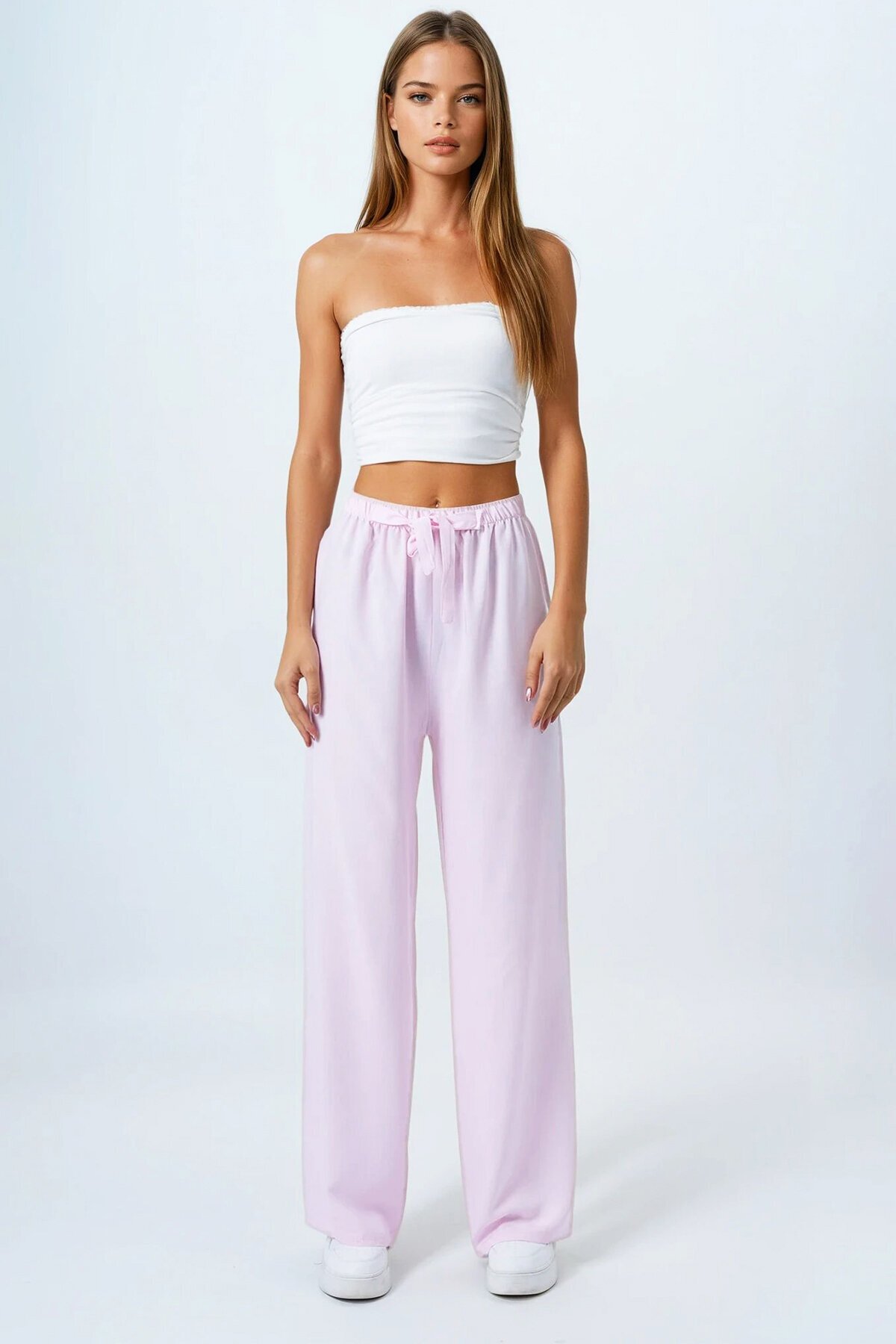 Pudra Bağcıklı Beli Lastikli Palazzo Pantolon