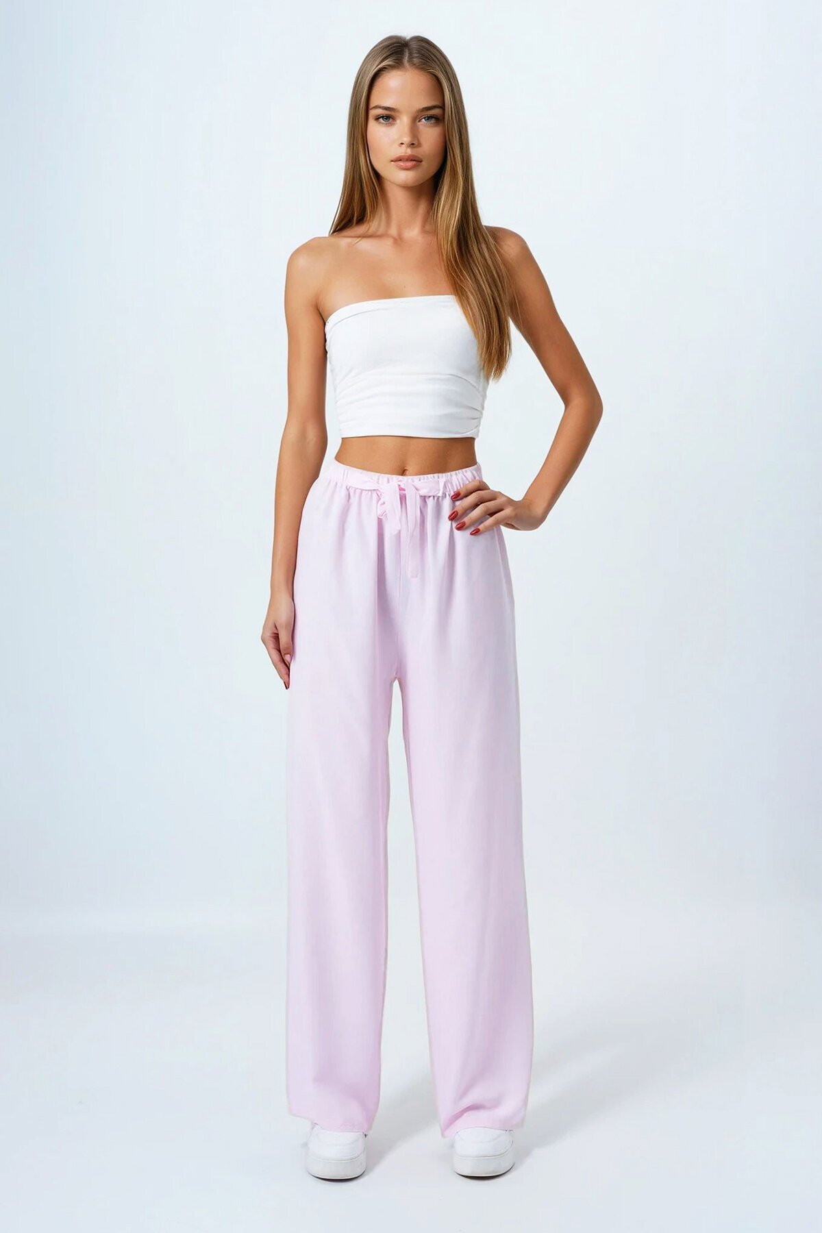 Pudra Bağcıklı Beli Lastikli Palazzo Pantolon