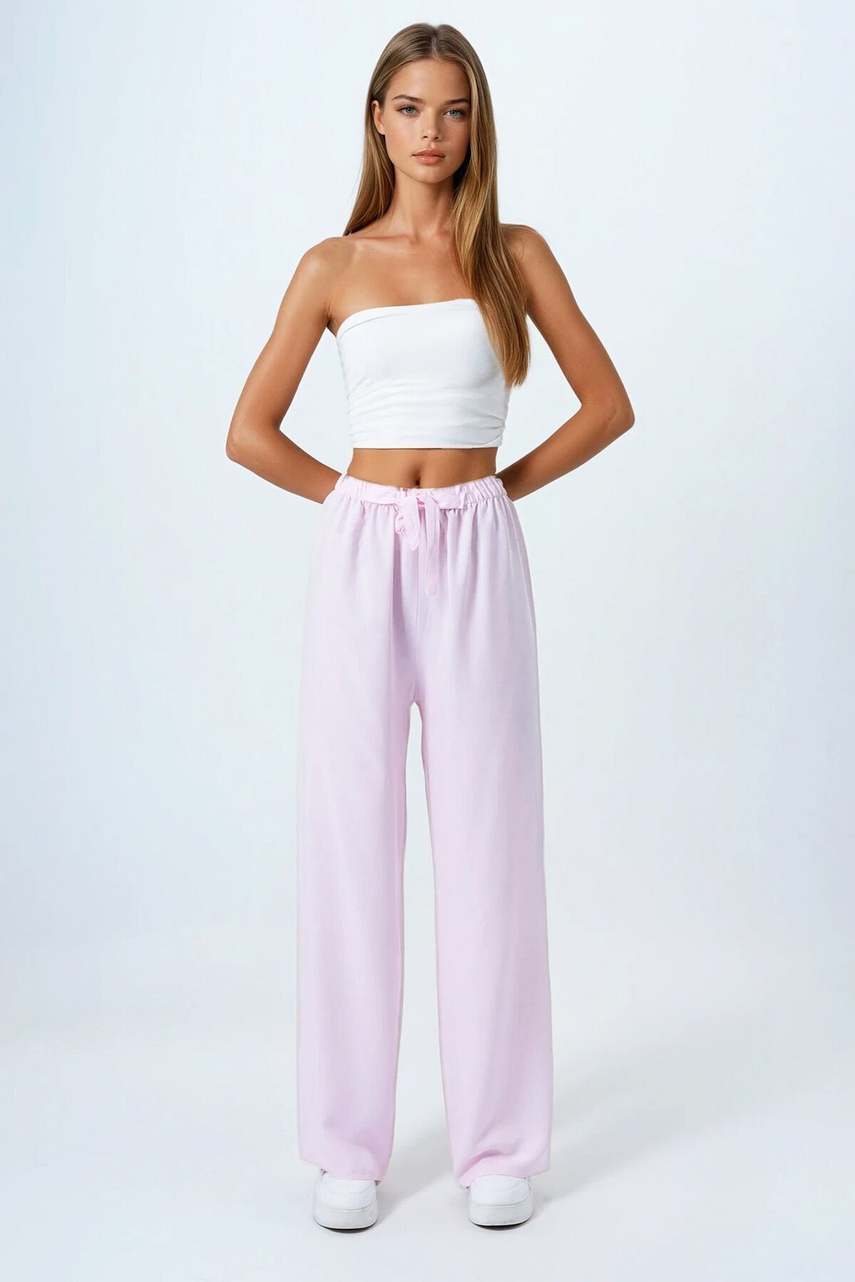 Pudra Bağcıklı Beli Lastikli Palazzo Pantolon