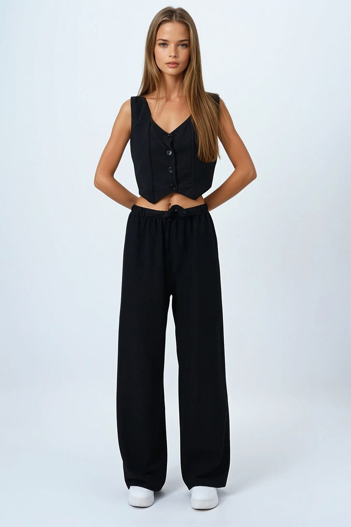 Siyah Bağcıklı Beli Lastikli Palazzo Pantolon