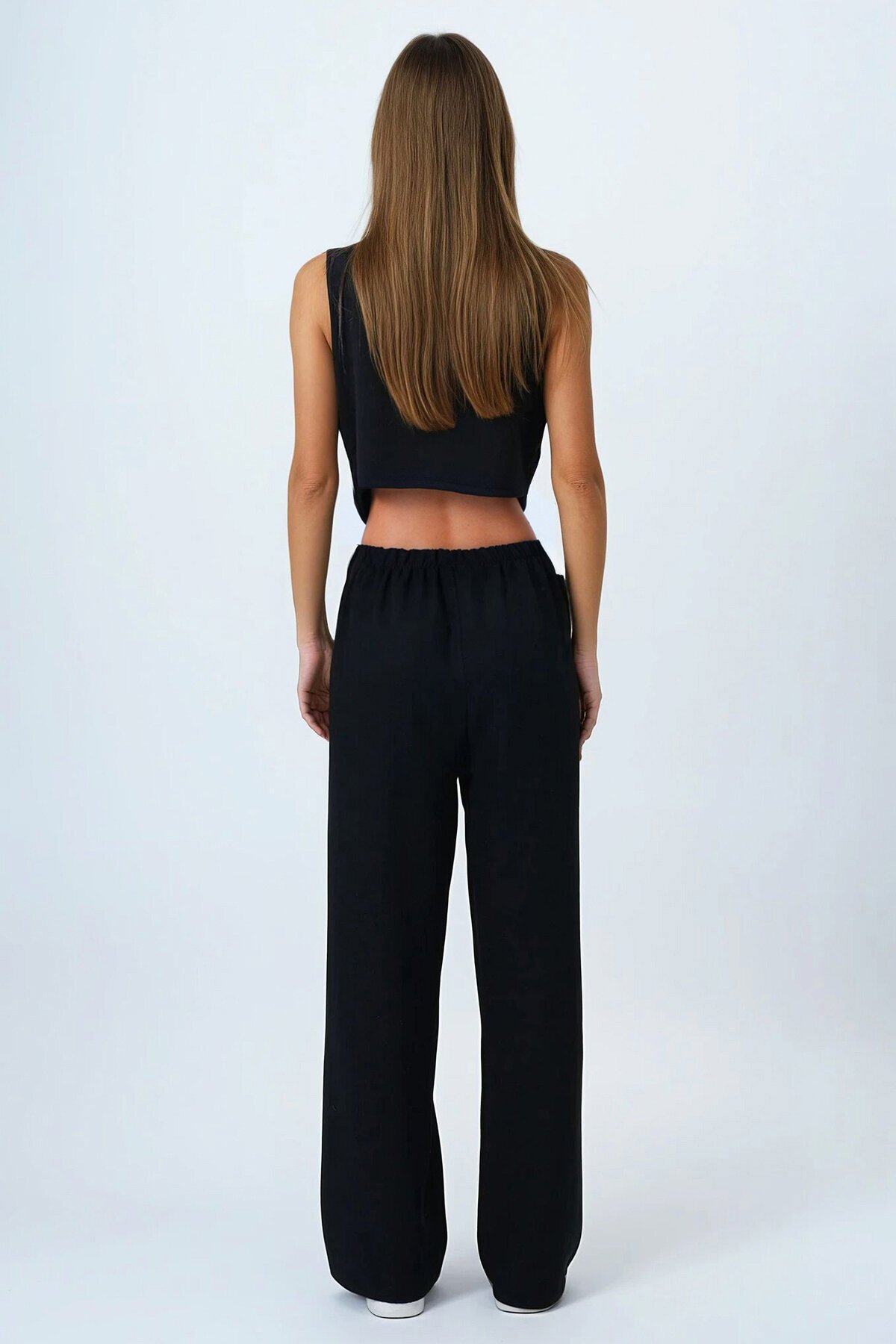 Siyah Bağcıklı Beli Lastikli Palazzo Pantolon