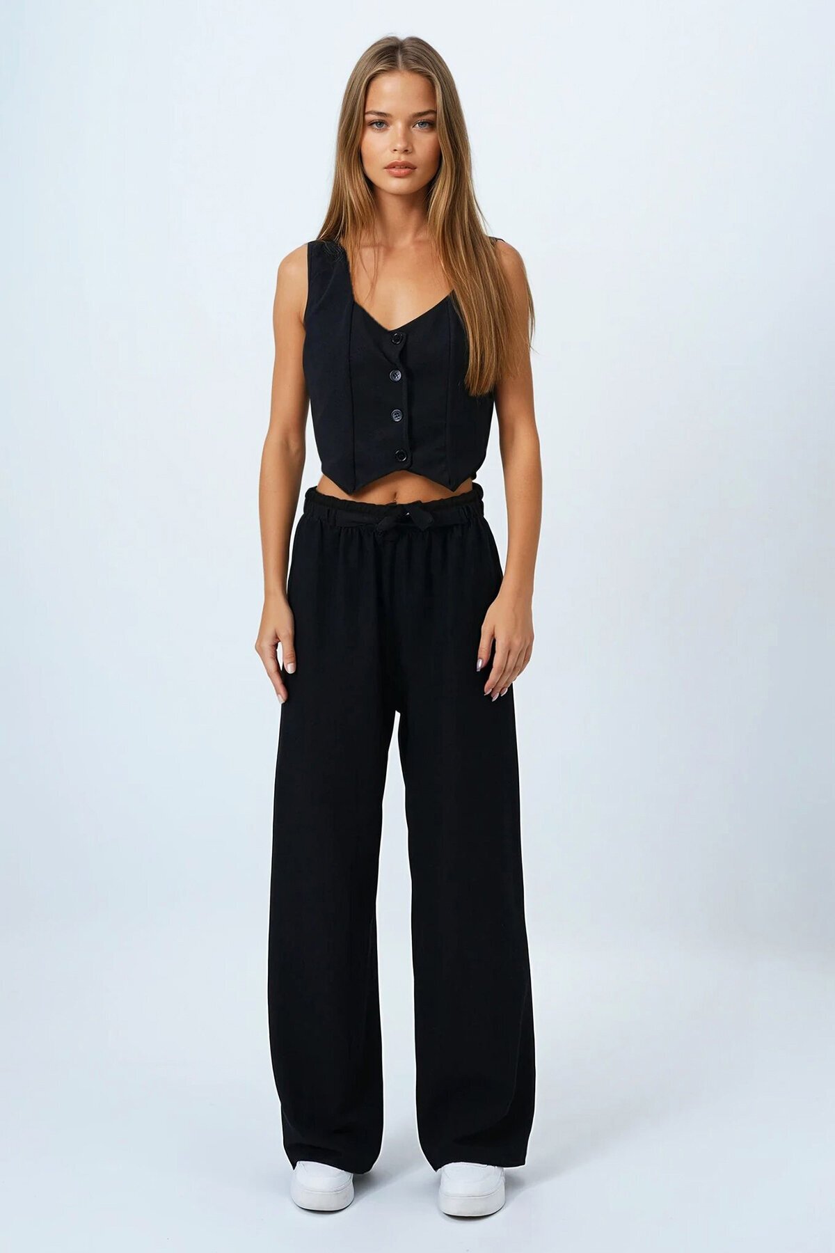 Siyah Bağcıklı Beli Lastikli Palazzo Pantolon