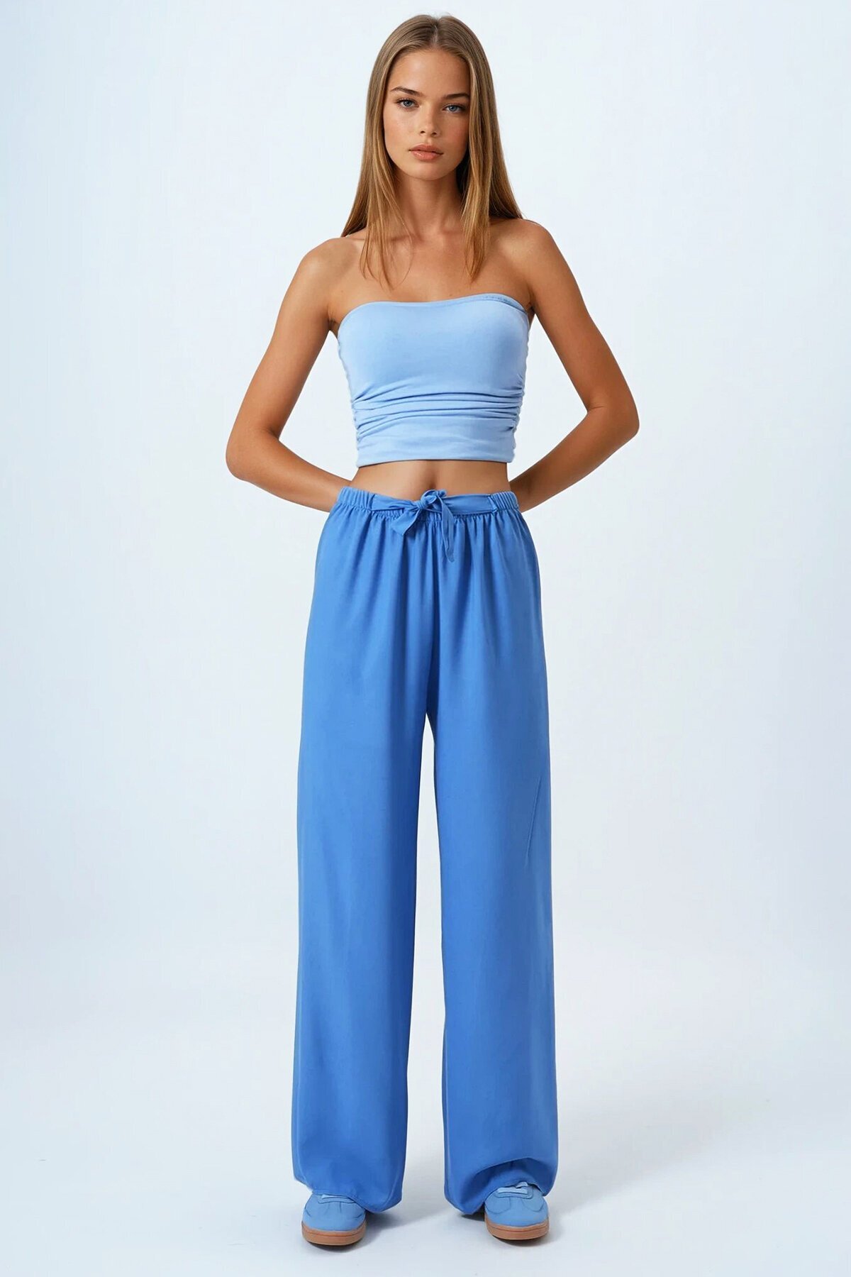 İndigo Mavi Bağcıklı Beli Lastikli Palazzo Pantolon
