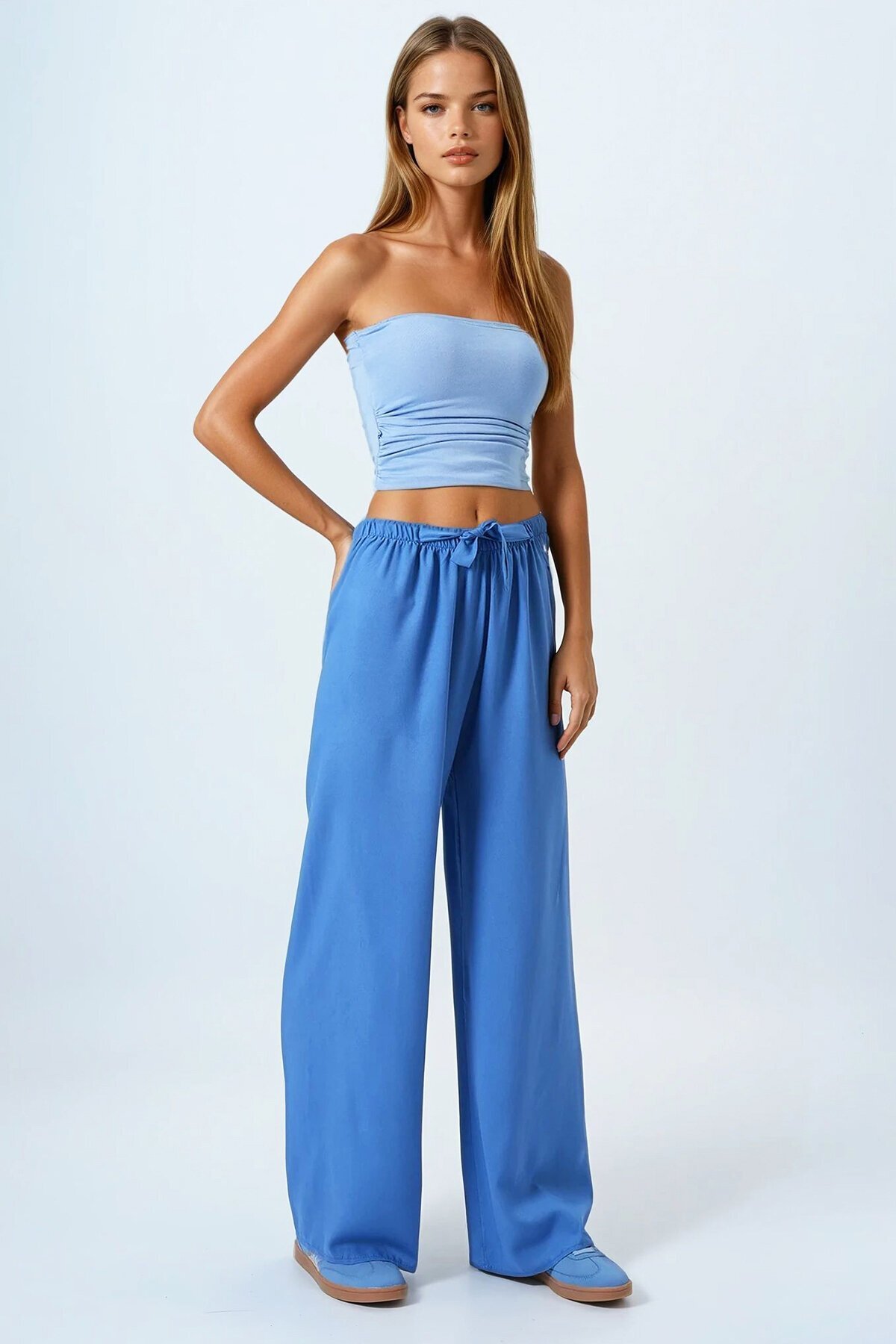 İndigo Mavi Bağcıklı Beli Lastikli Palazzo Pantolon