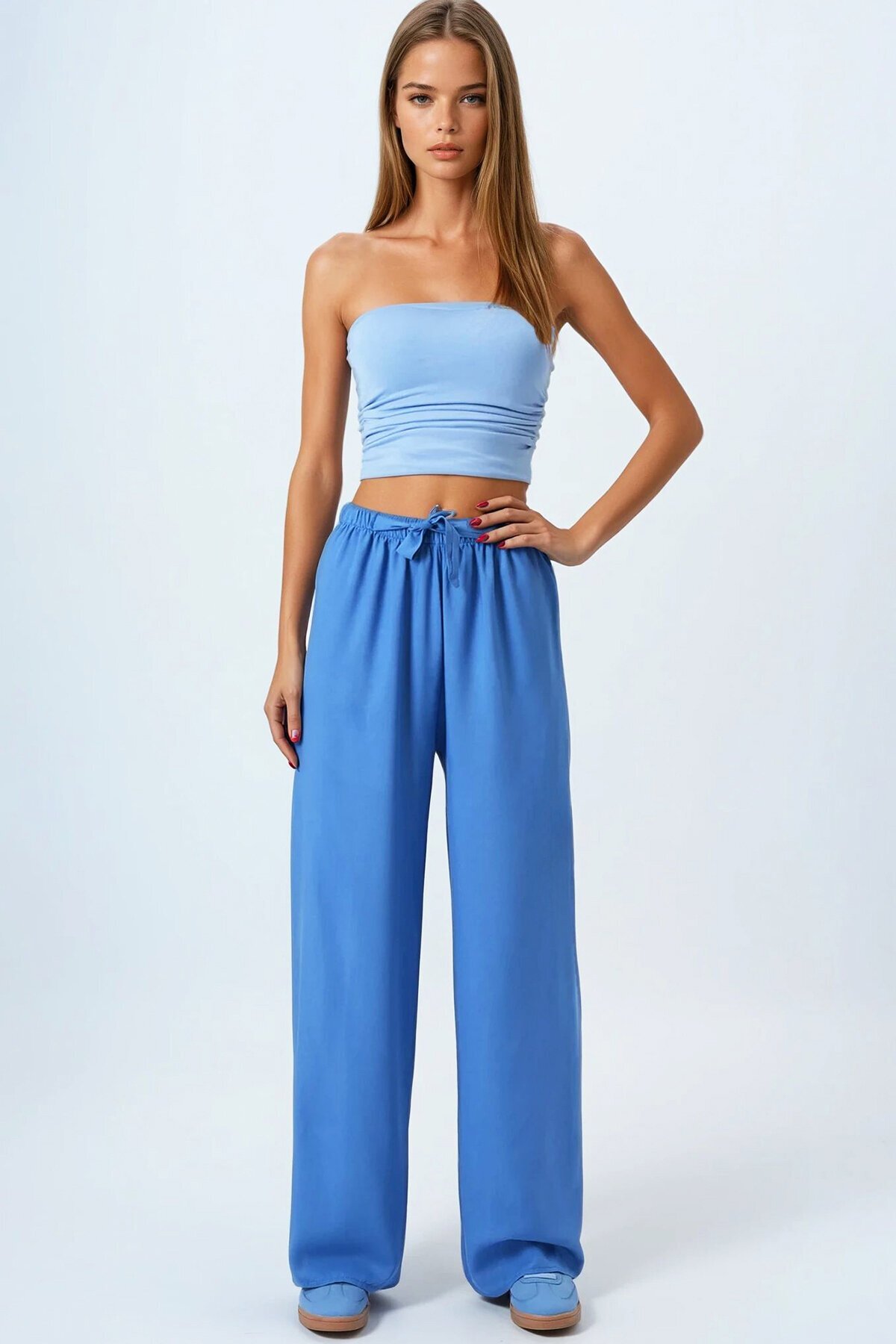 İndigo Mavi Bağcıklı Beli Lastikli Palazzo Pantolon