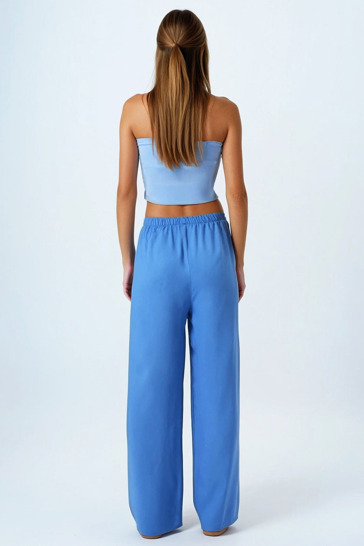 İndigo Mavi Bağcıklı Beli Lastikli Palazzo Pantolon