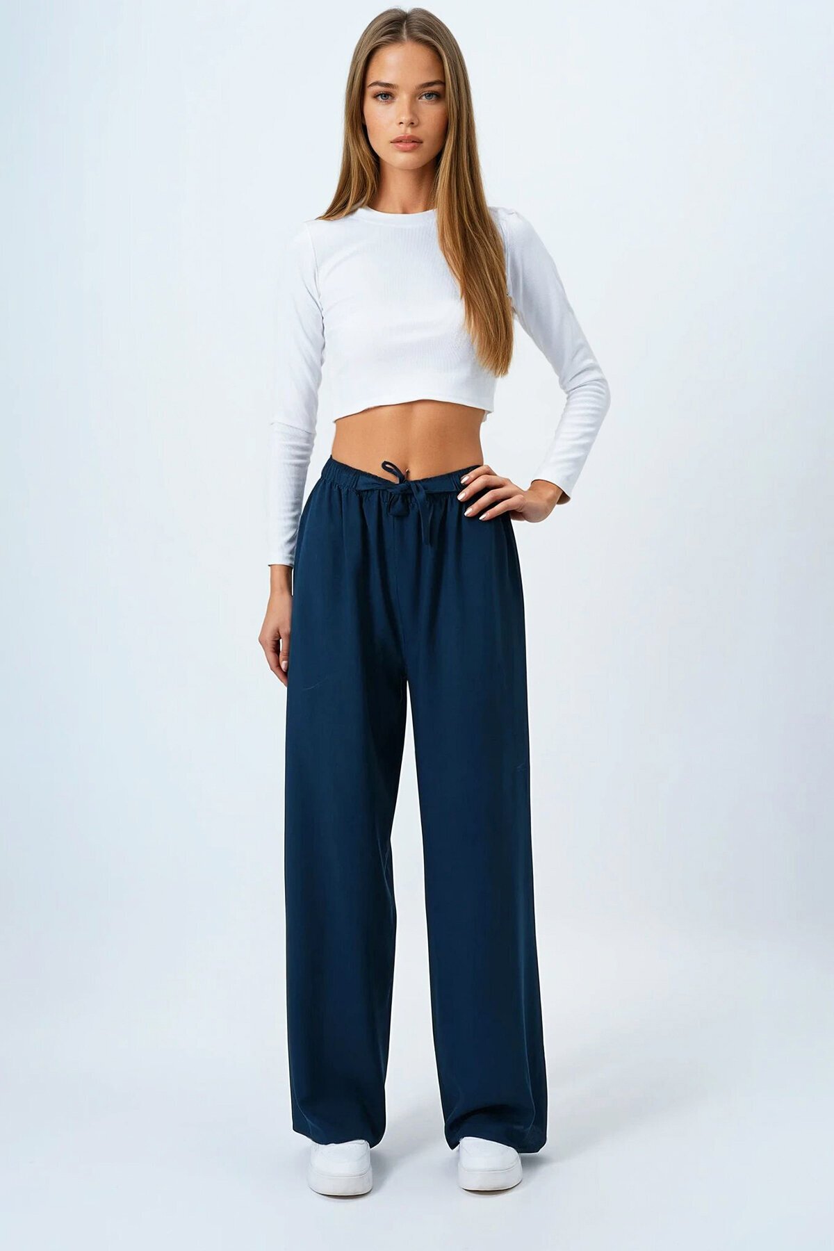 Petrol Yeşili Bağcıklı Beli Lastikli Palazzo Pantolon