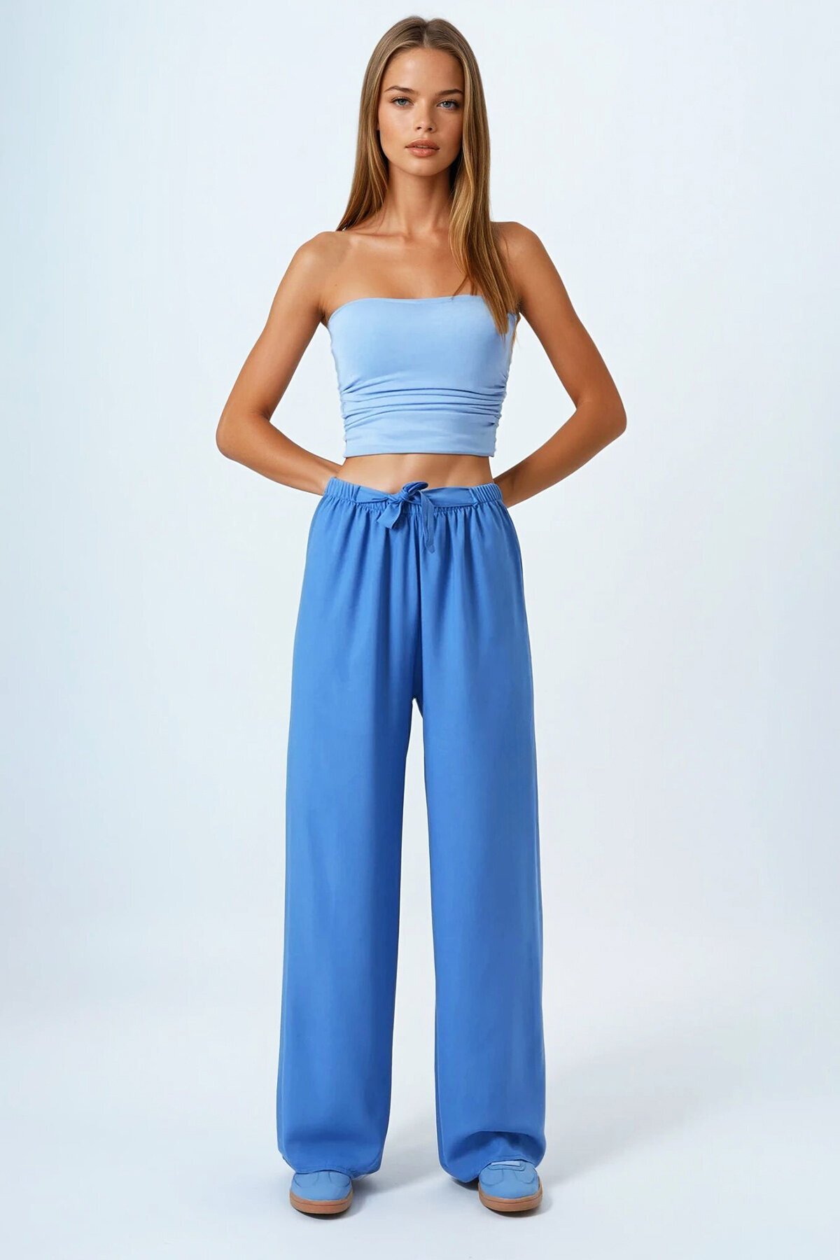 İndigo Mavi Bağcıklı Beli Lastikli Palazzo Pantolon