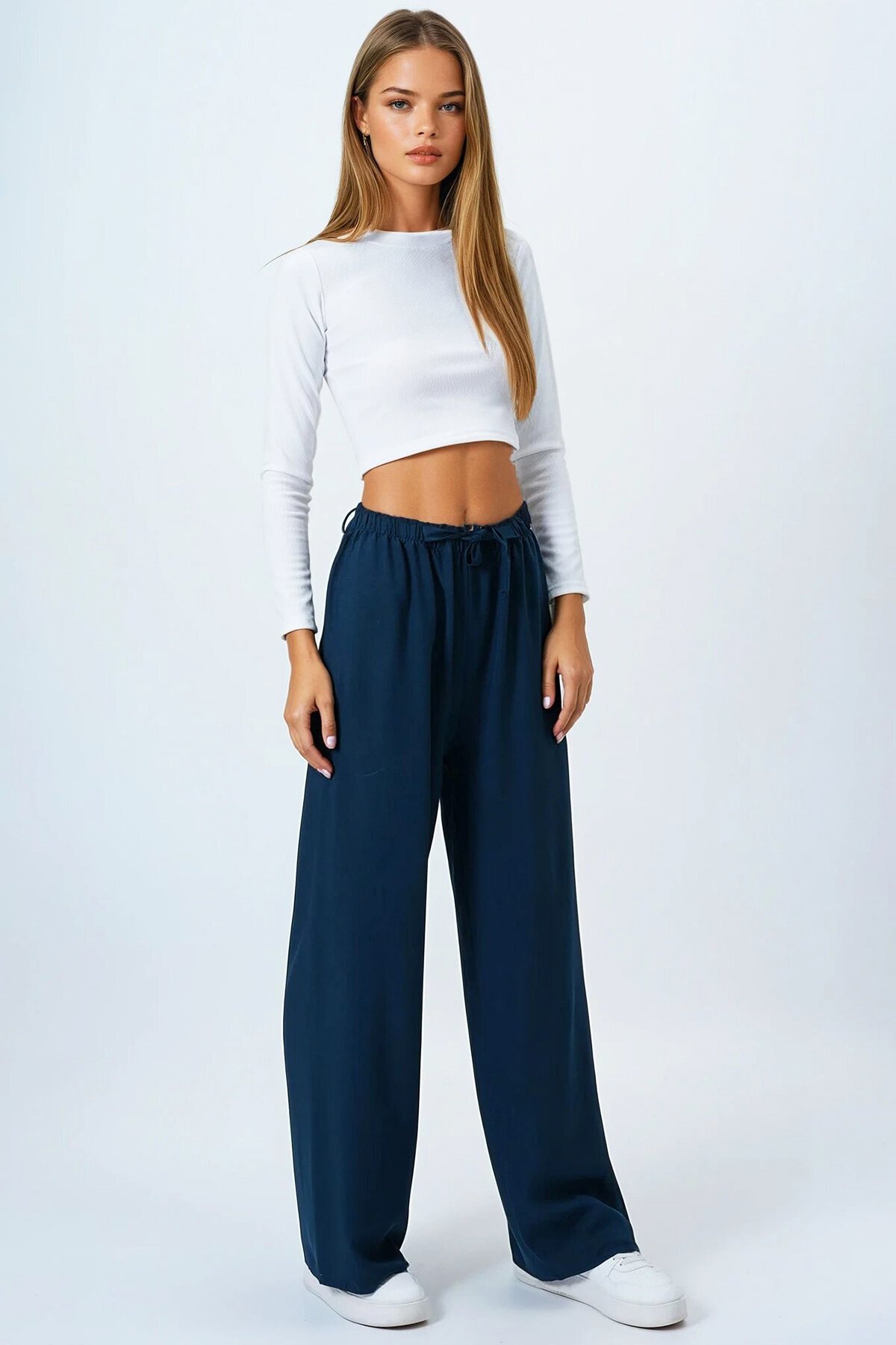 Petrol Yeşili Bağcıklı Beli Lastikli Palazzo Pantolon