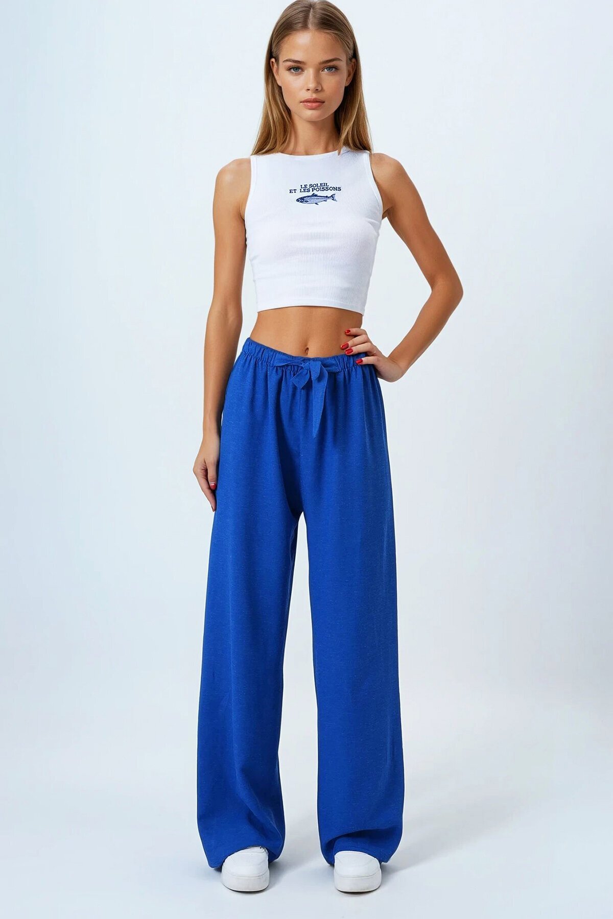 Saks Bağlamalı Beli Lastikli Keten Palazzo Pantolon