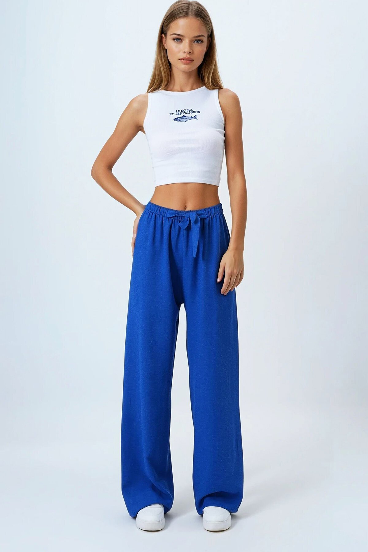 Saks Bağlamalı Beli Lastikli Keten Palazzo Pantolon