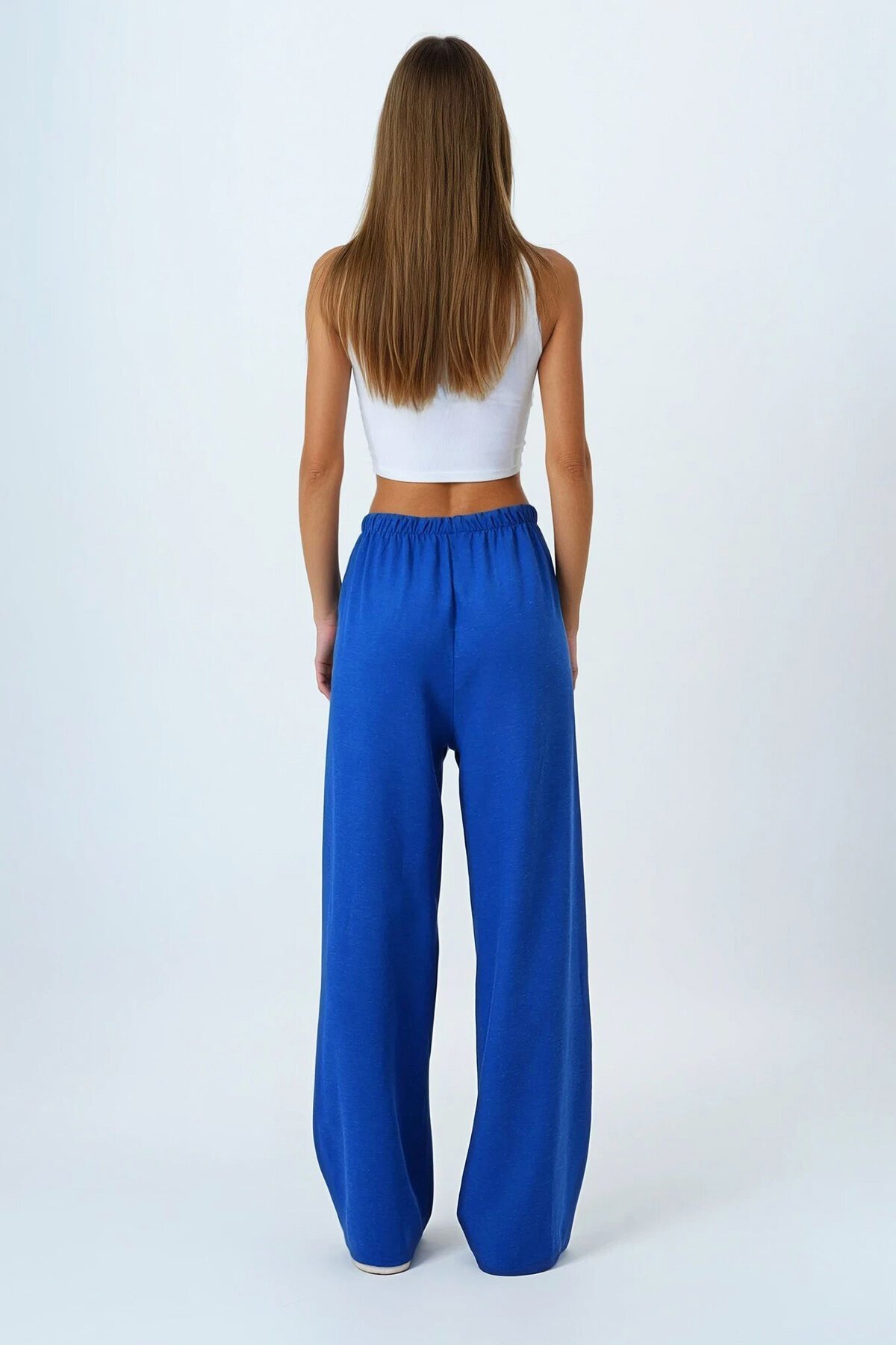 Saks Bağlamalı Beli Lastikli Keten Palazzo Pantolon