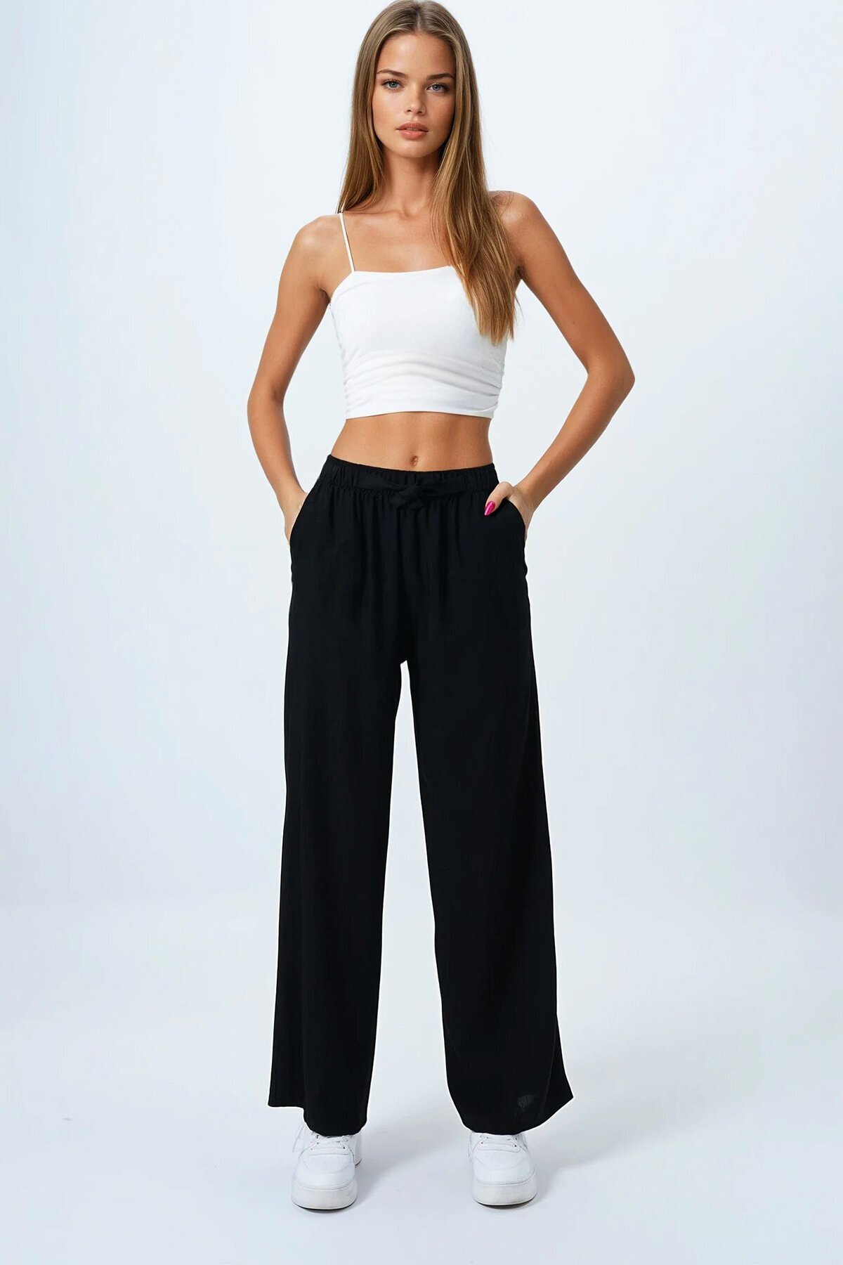 Siyah Bağlamalı Beli Lastikli Keten Palazzo Pantolon