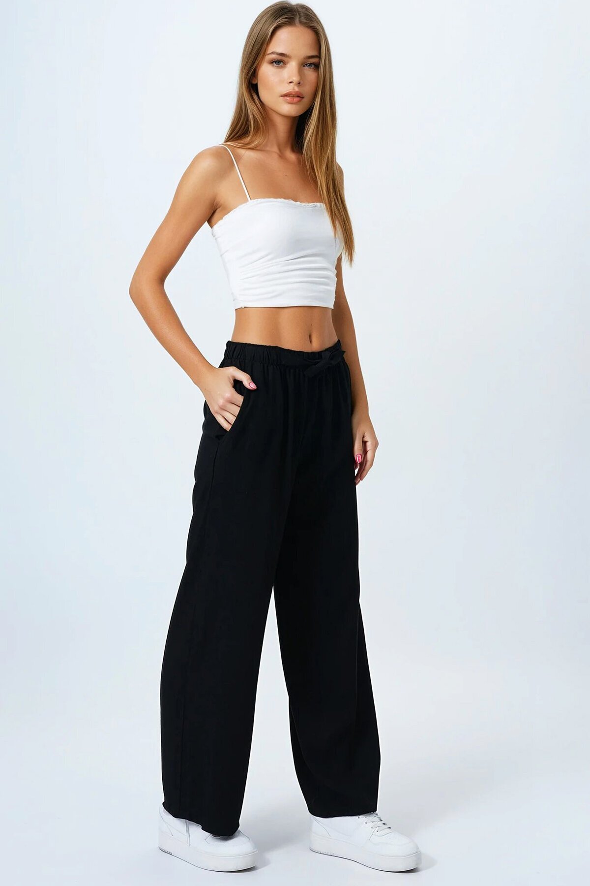 Siyah Bağlamalı Beli Lastikli Keten Palazzo Pantolon