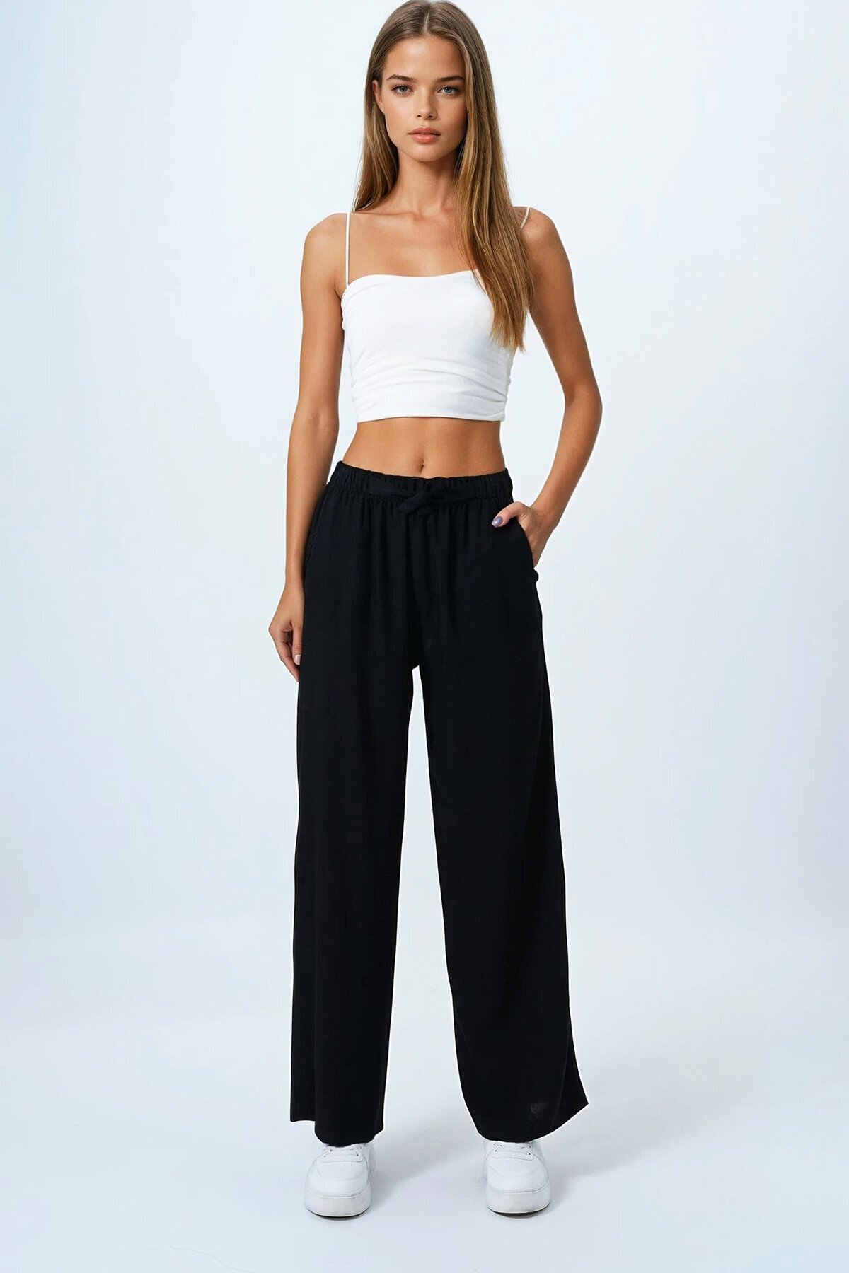 Siyah Bağlamalı Beli Lastikli Keten Palazzo Pantolon