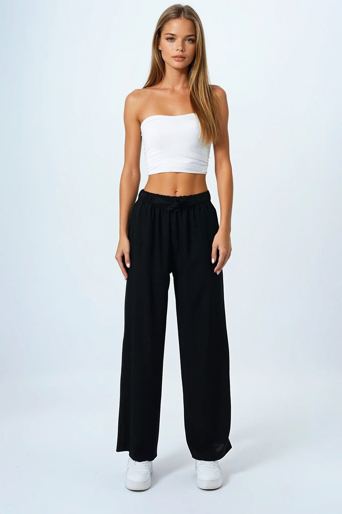 Siyah Bağlamalı Beli Lastikli Keten Palazzo Pantolon