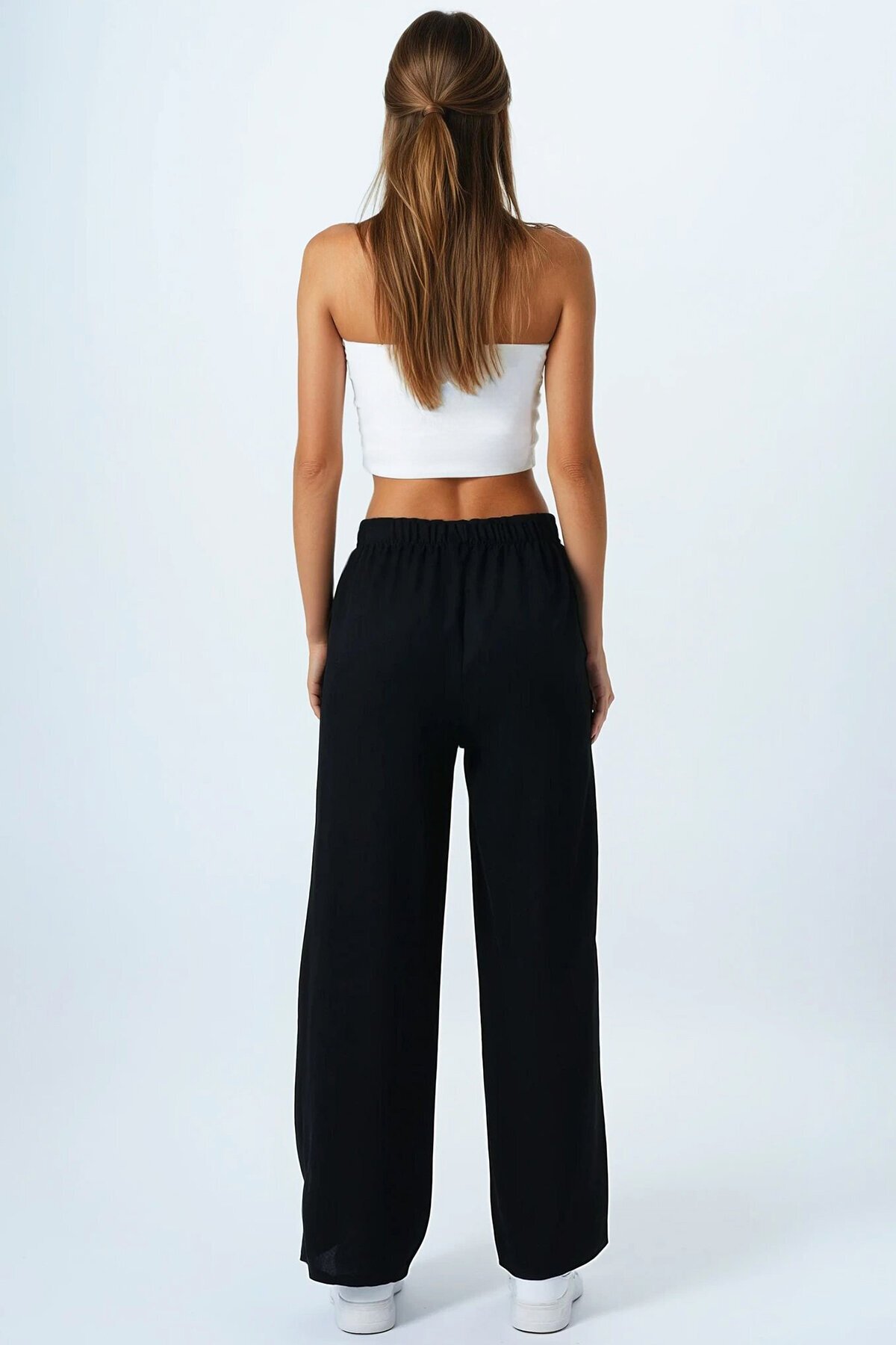 Siyah Bağlamalı Beli Lastikli Keten Palazzo Pantolon