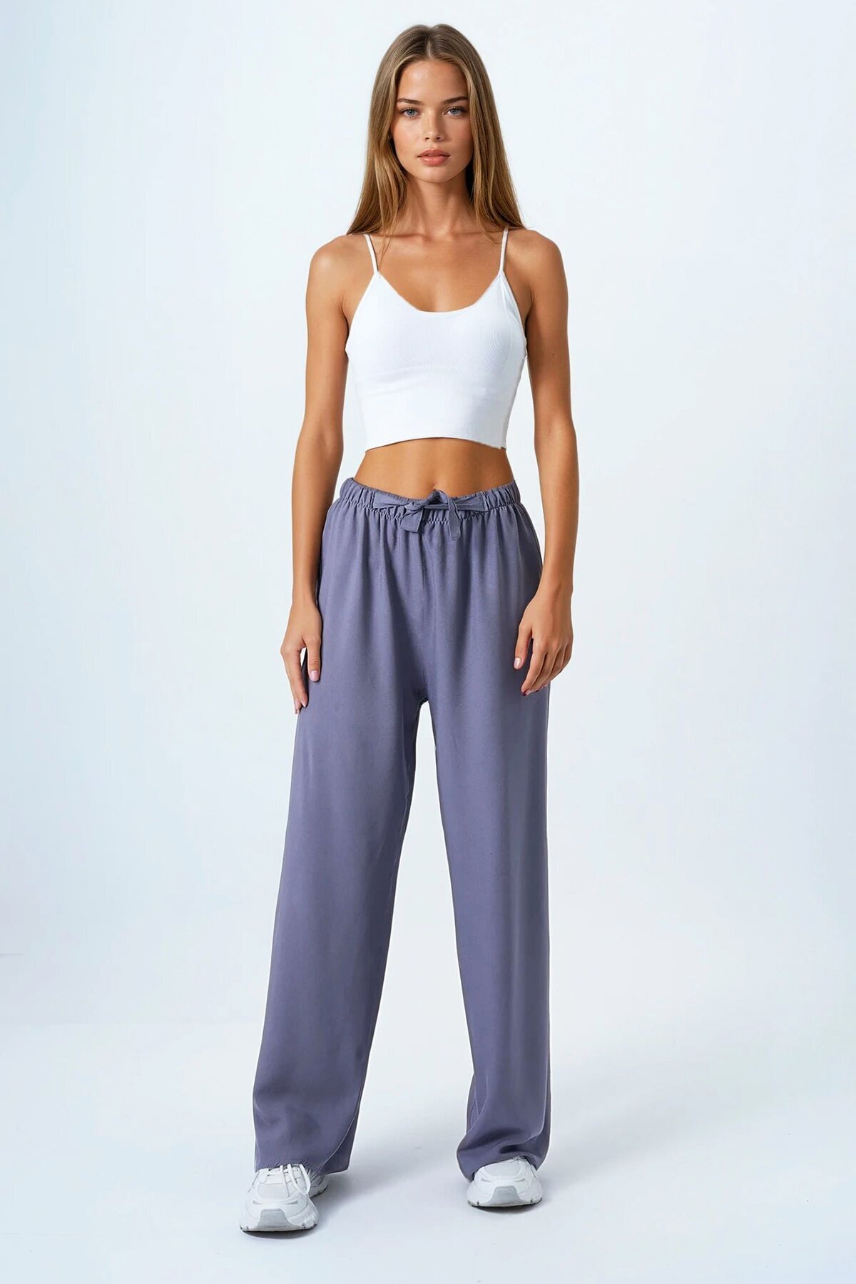 Vizon Bağlamalı Beli Lastikli Keten Palazzo Pantolon