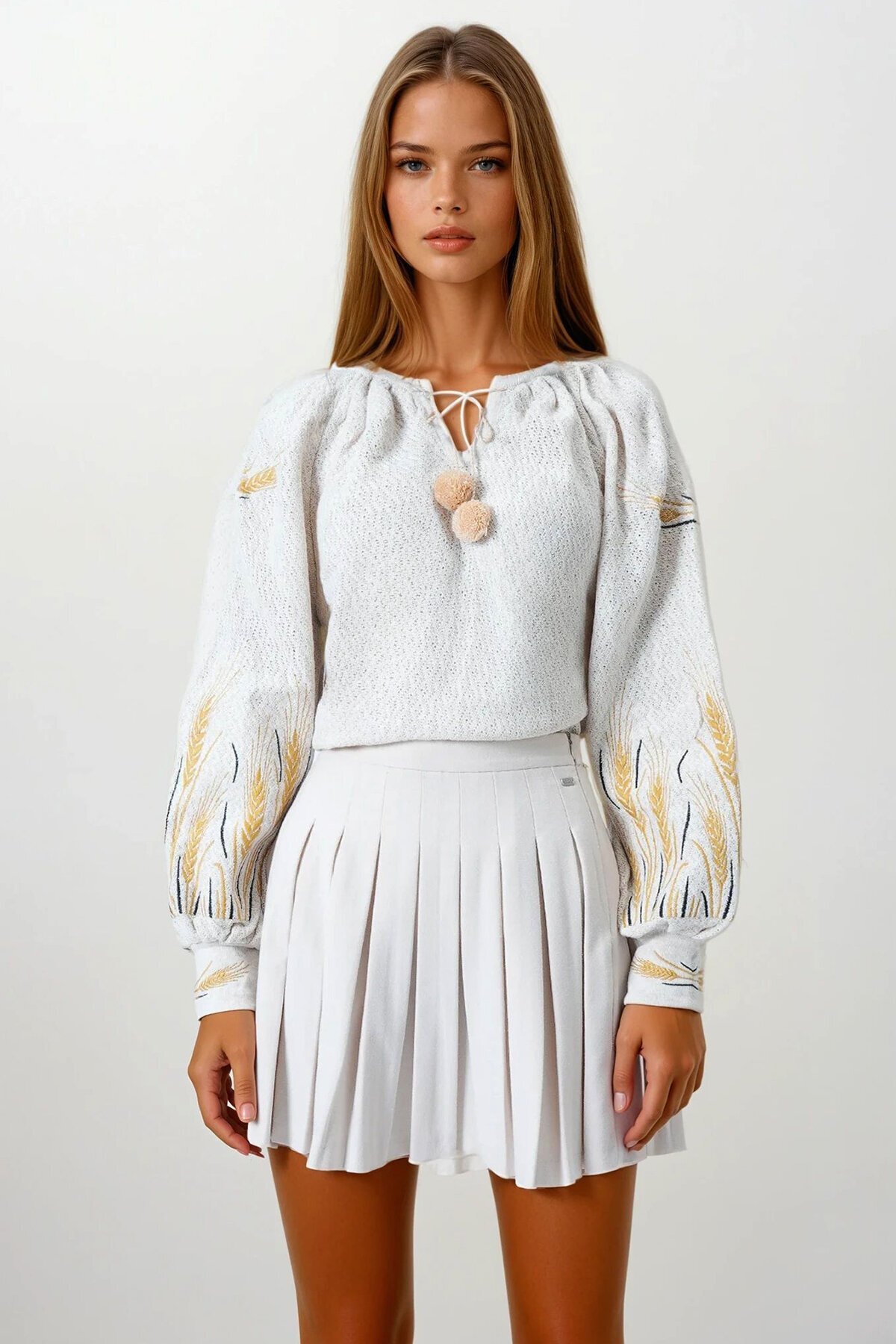 Bej Başak Nakışlı Bağcıklı Püskül Detaylı Bohem Bluz