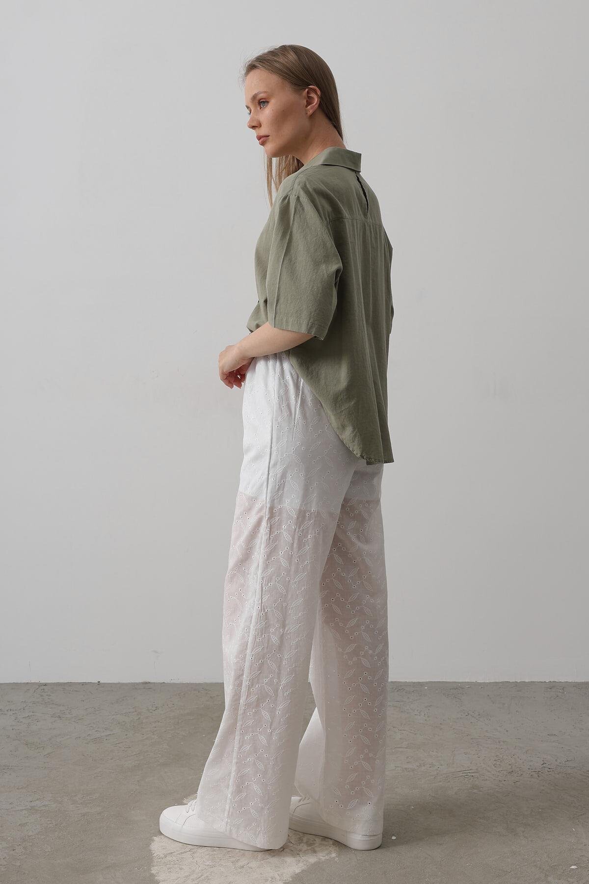 Beyaz Beli Bağlamalı Brode Pantolon