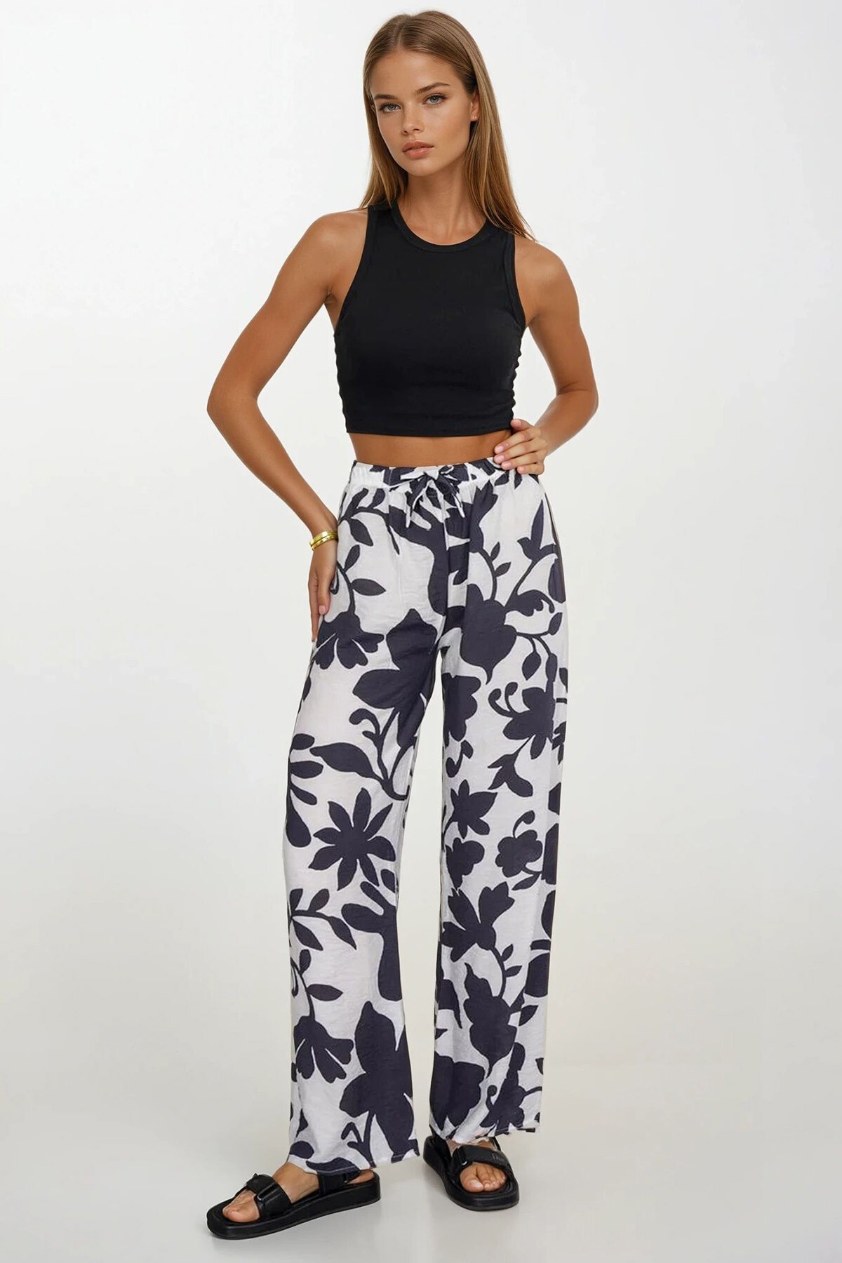 Antrasit Beli Lastikli Bağcıklı Desenli Viskon Palazzo Pantolon