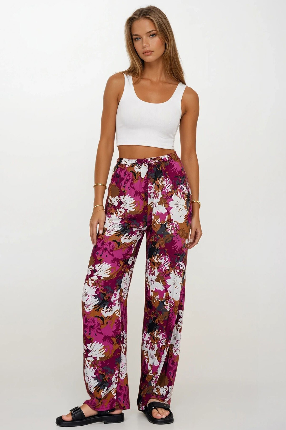 Fuşya Beli Lastikli Bağcıklı Desenli Viskon Palazzo Pantolon