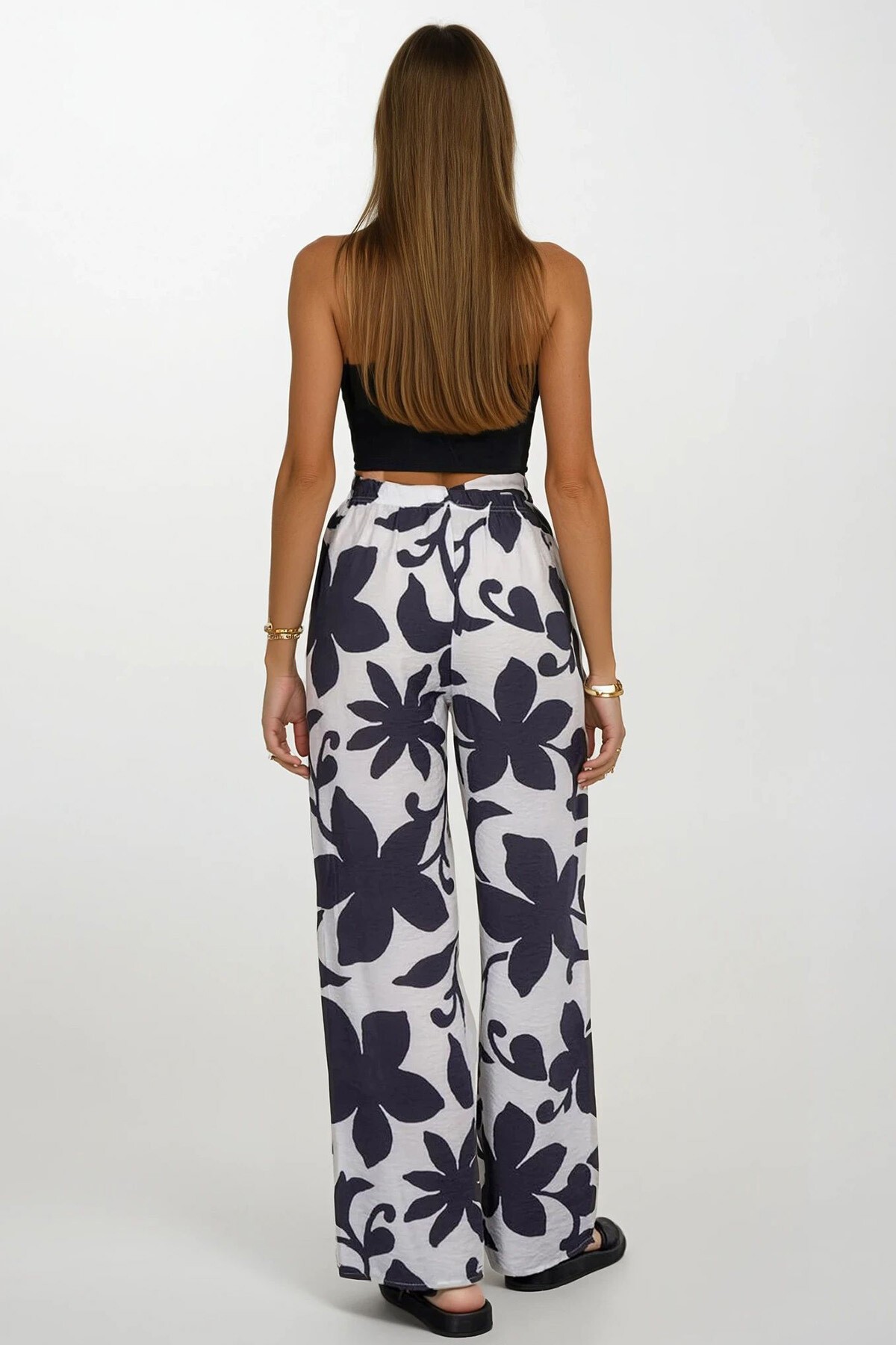 Antrasit Beli Lastikli Bağcıklı Desenli Viskon Palazzo Pantolon