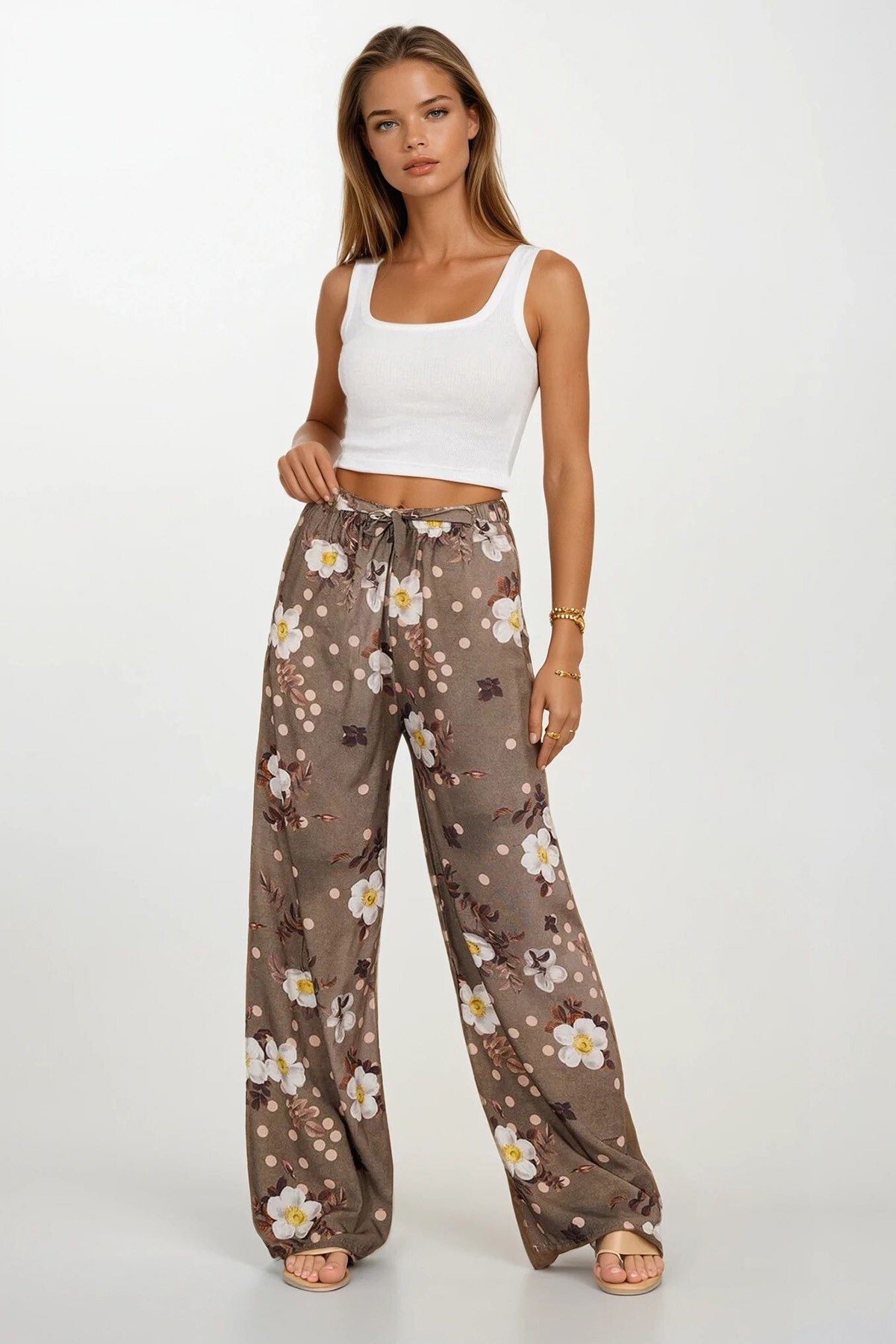 Haki Beli Lastikli Bağcıklı Desenli Viskon Palazzo Pantolon