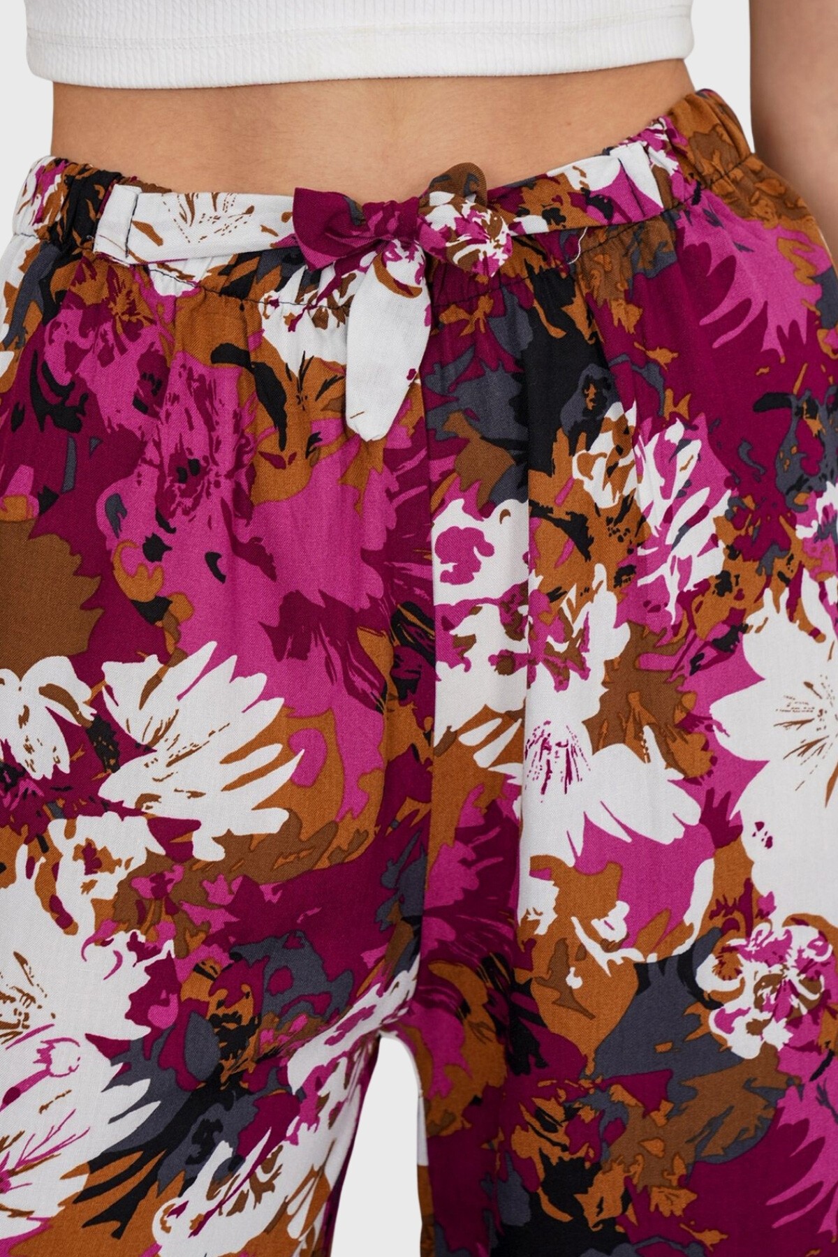 Fuşya Beli Lastikli Bağcıklı Desenli Viskon Palazzo Pantolon