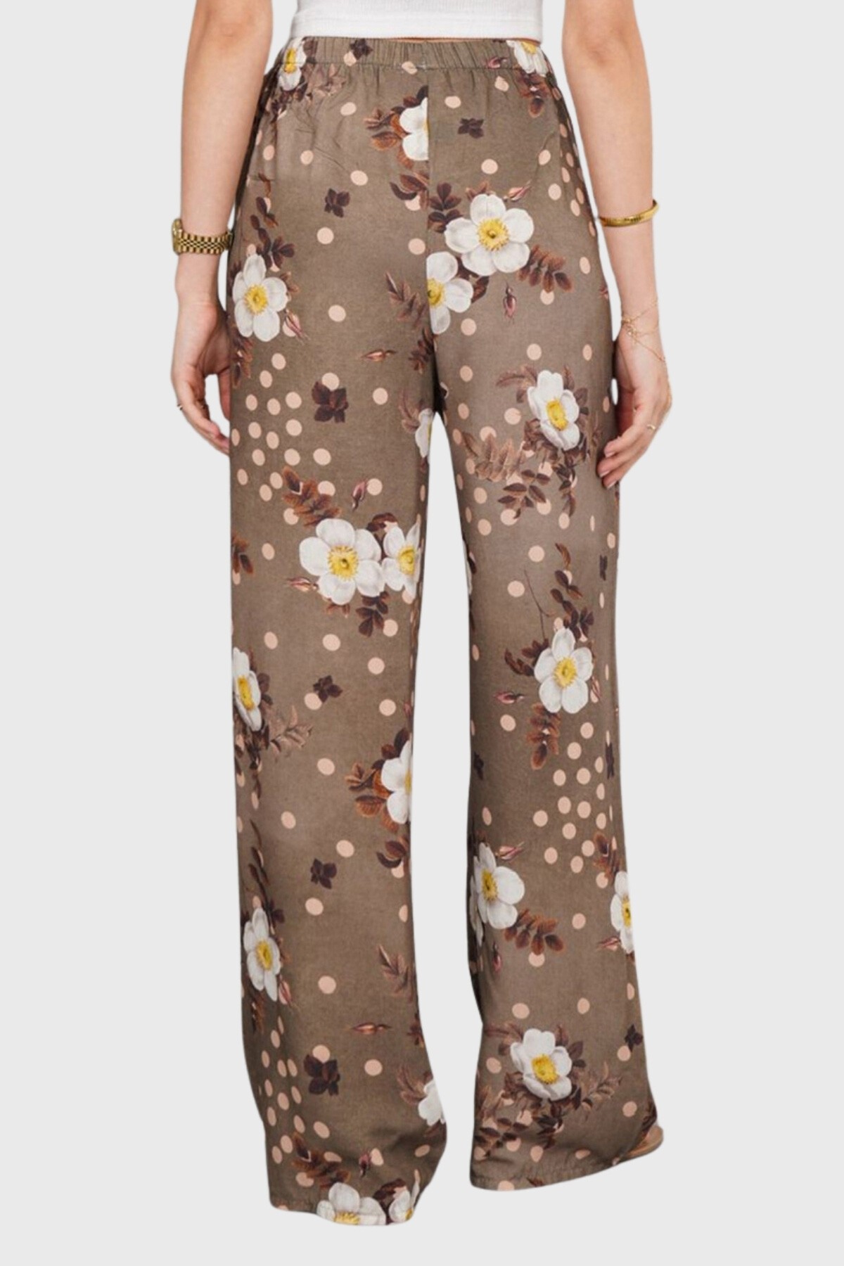 Haki Beli Lastikli Bağcıklı Desenli Viskon Palazzo Pantolon