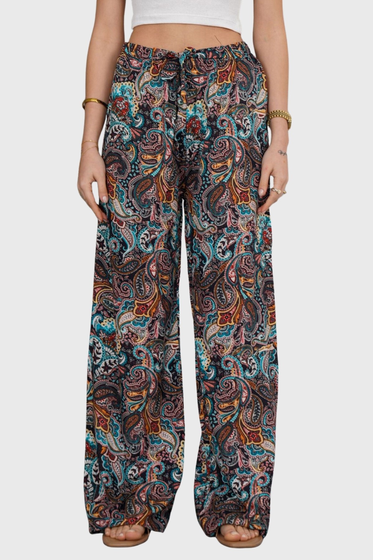 Mavi Desenli Beli Lastikli Bağcıklı Desenli Viskon Palazzo Pantolon