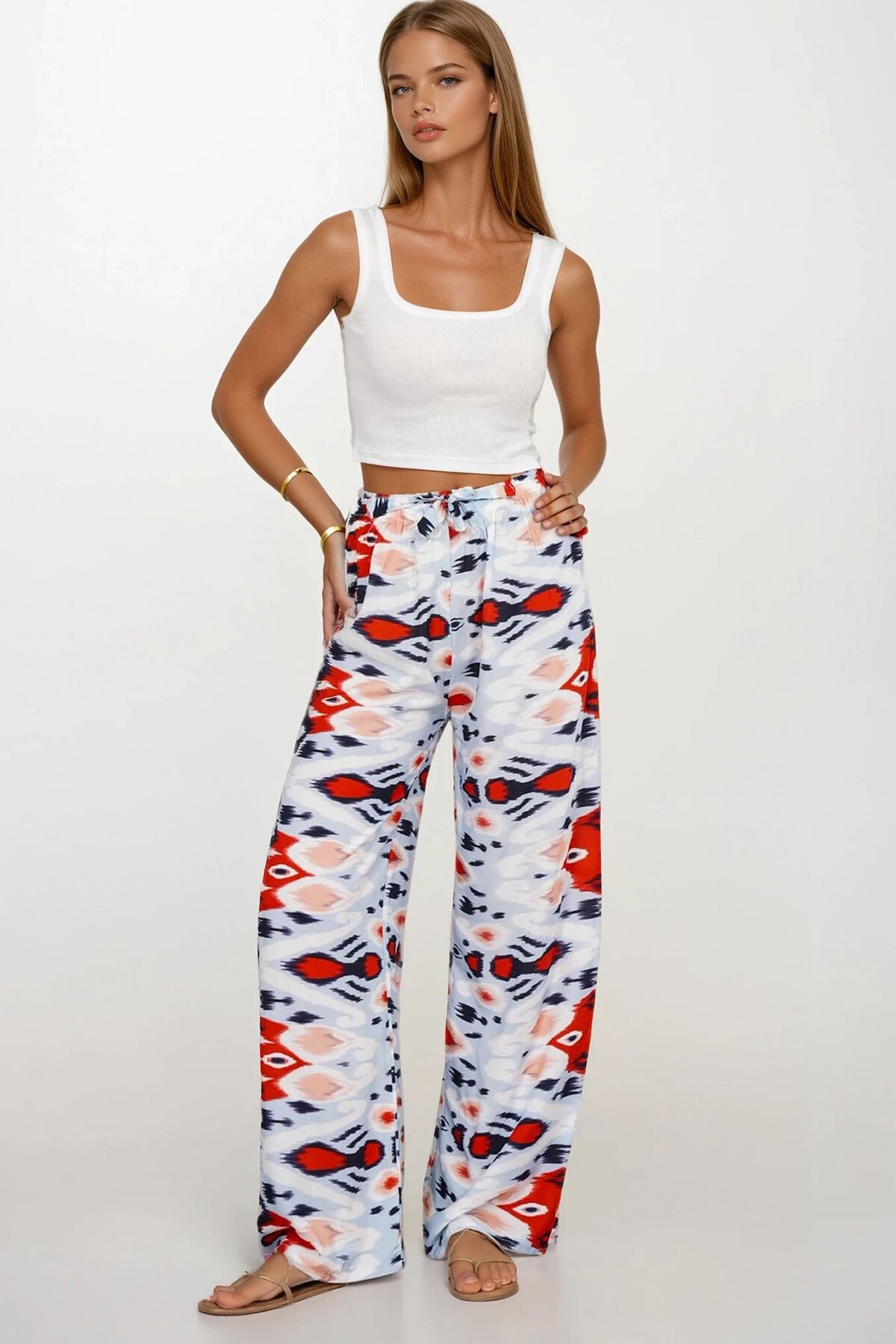 Kırmızı Beli Lastikli Bağcıklı Desenli Viskon Palazzo Pantolon