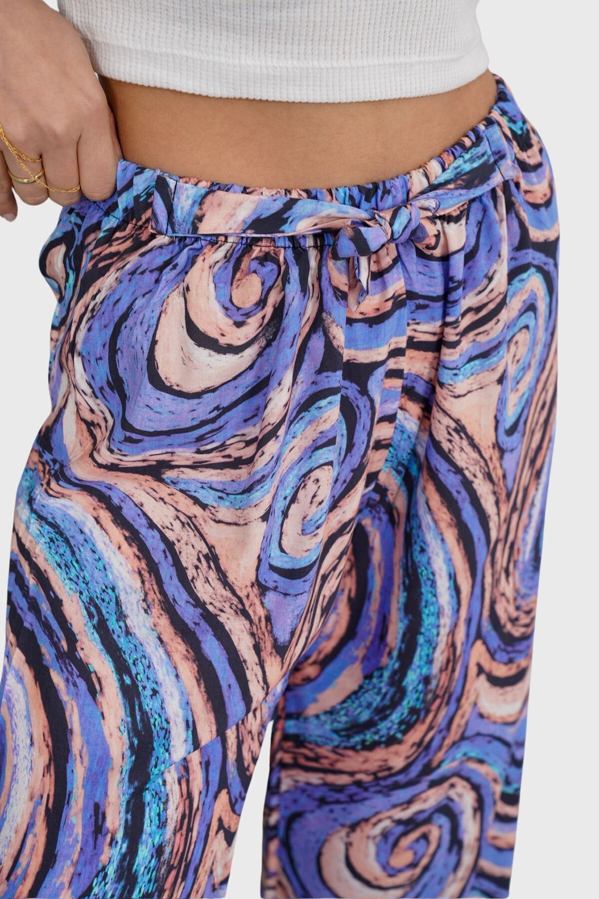 Lila Beli Lastikli Bağcıklı Desenli Viskon Palazzo Pantolon