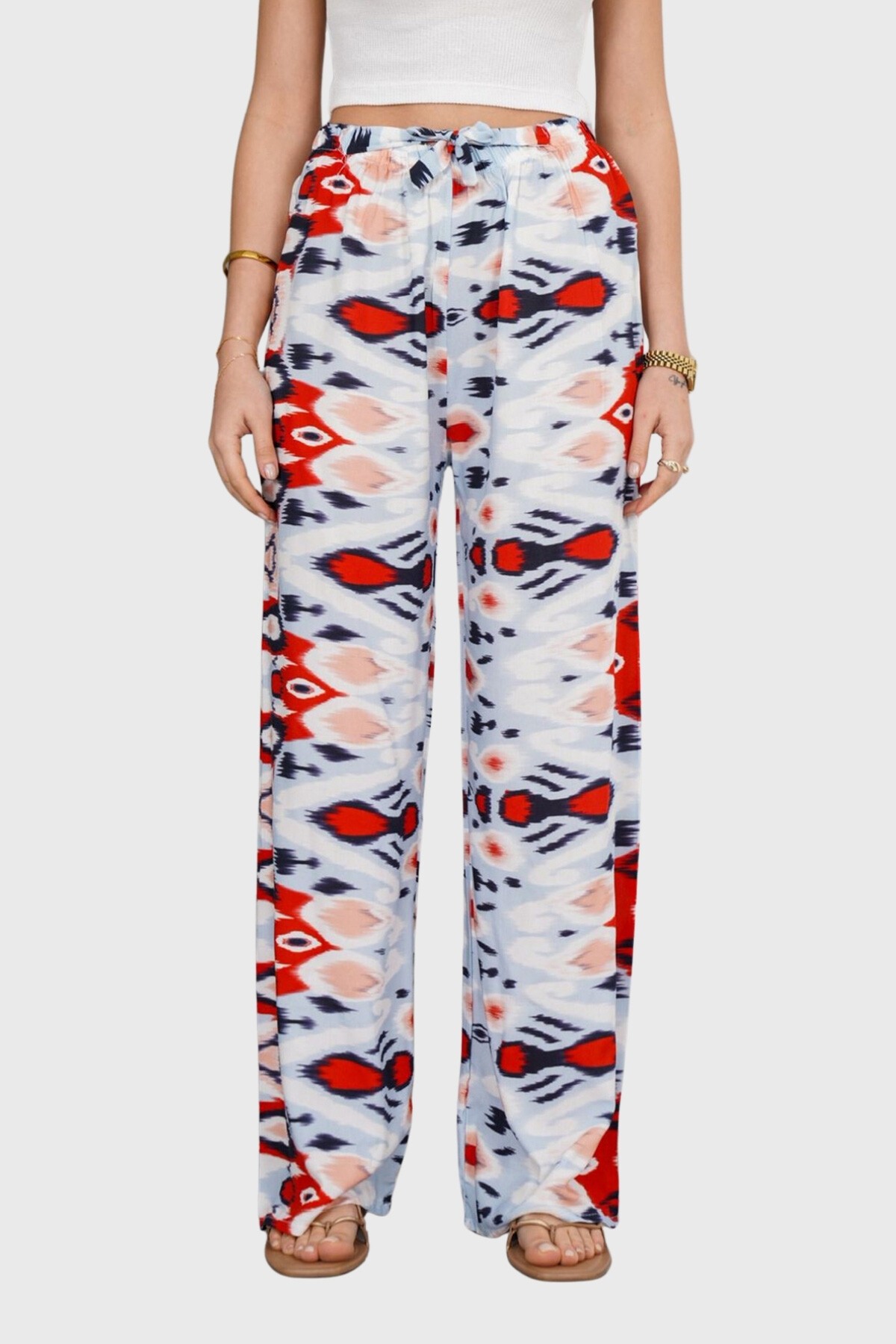 Kırmızı Beli Lastikli Bağcıklı Desenli Viskon Palazzo Pantolon