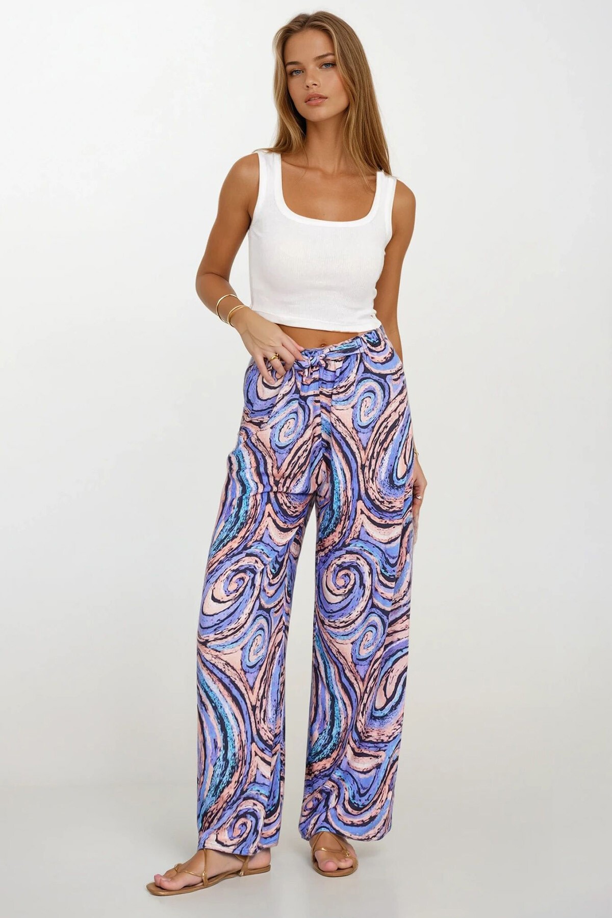 Lila Beli Lastikli Bağcıklı Desenli Viskon Palazzo Pantolon