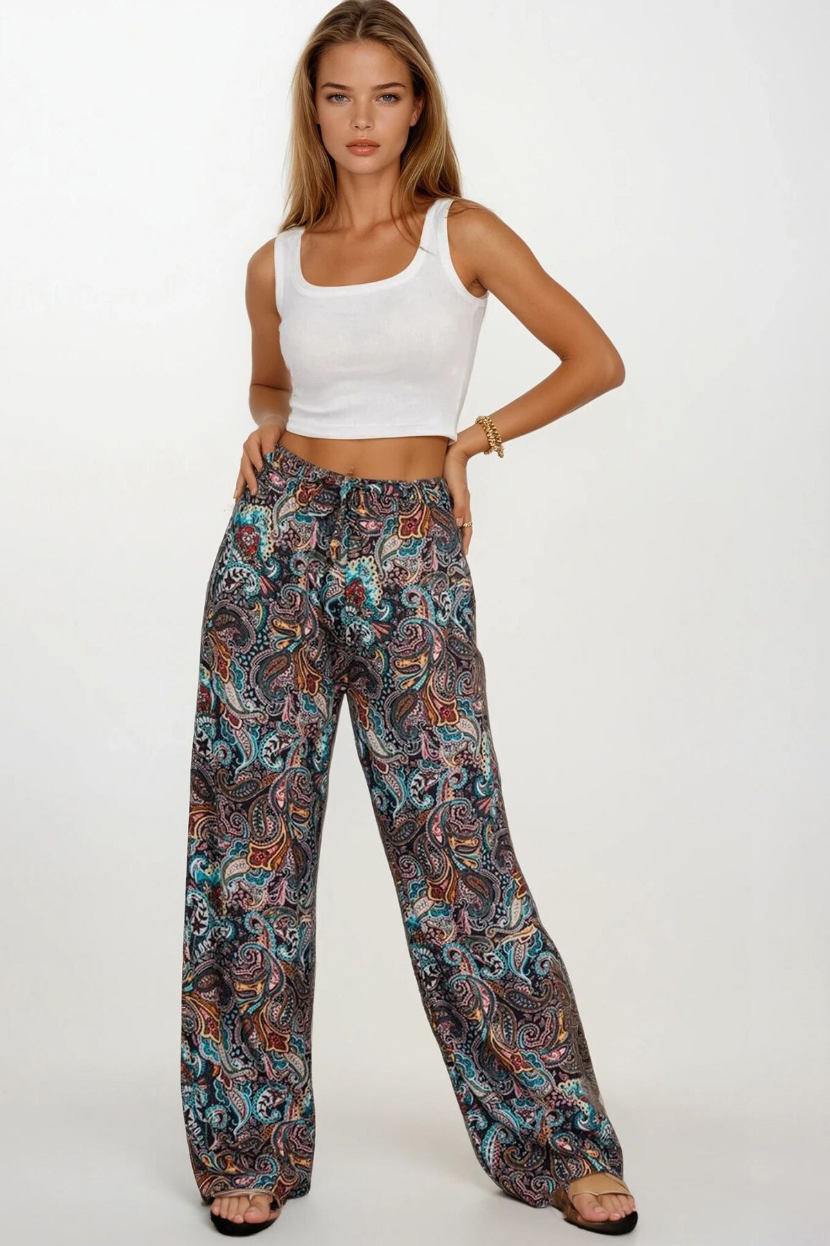 Mavi Desenli Beli Lastikli Bağcıklı Desenli Viskon Palazzo Pantolon