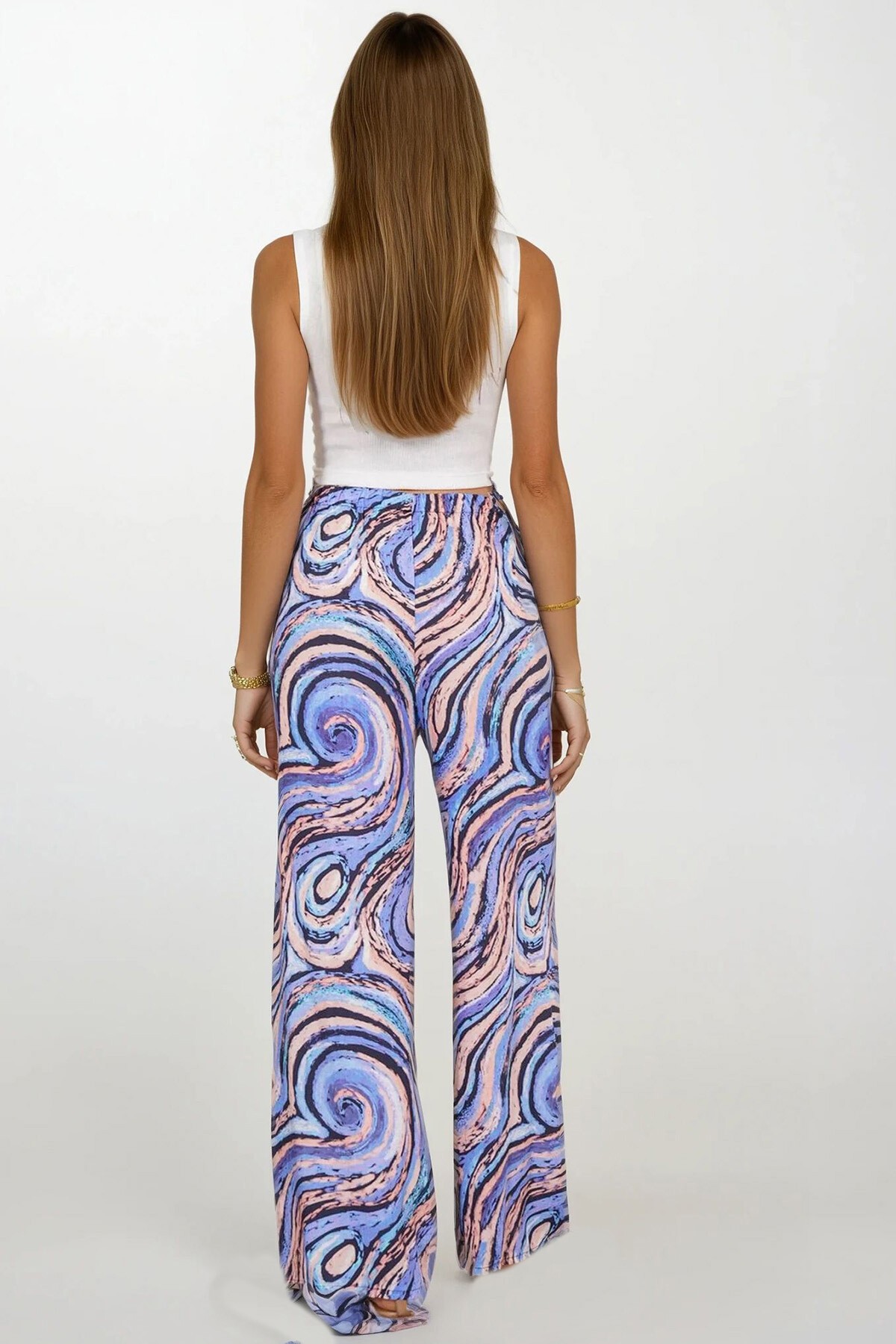 Lila Beli Lastikli Bağcıklı Desenli Viskon Palazzo Pantolon