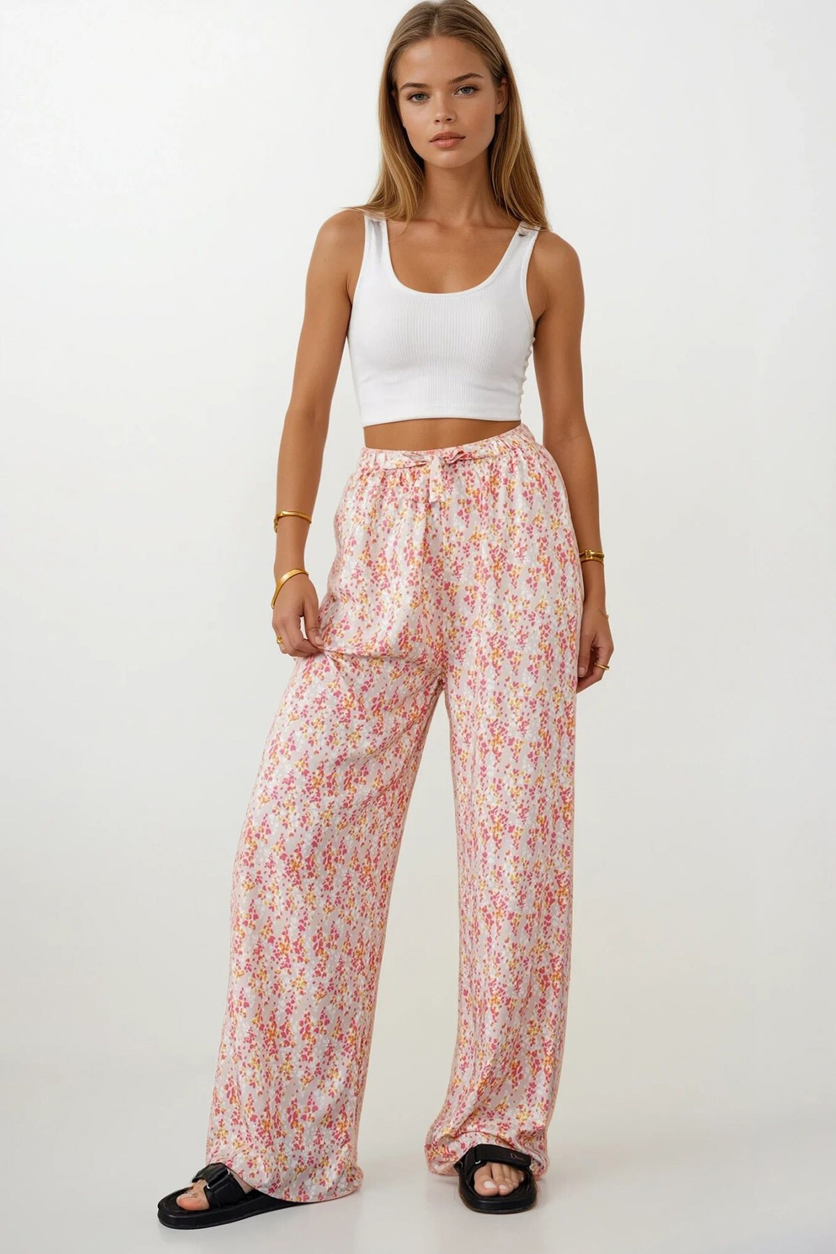 Pembe Beli Lastikli Bağcıklı Desenli Viskon Palazzo Pantolon