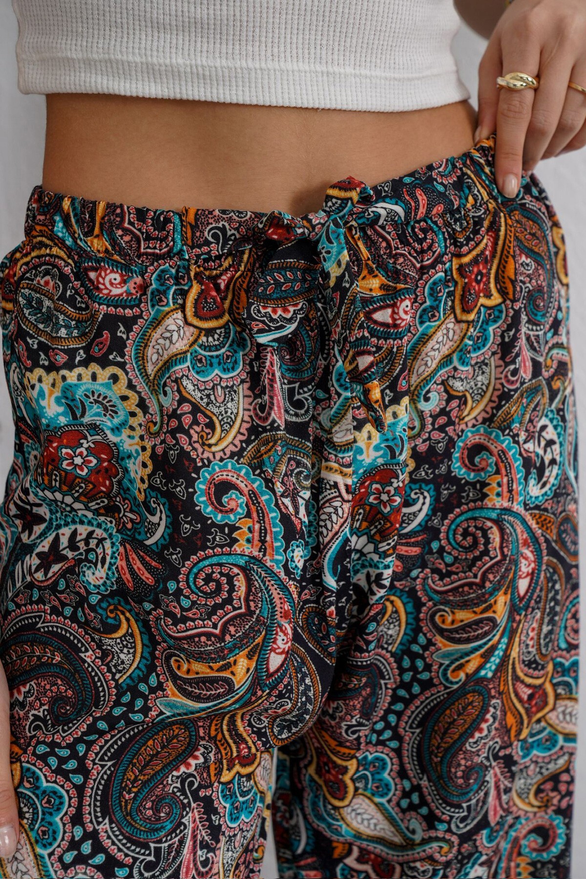 Mavi Desenli Beli Lastikli Bağcıklı Desenli Viskon Palazzo Pantolon