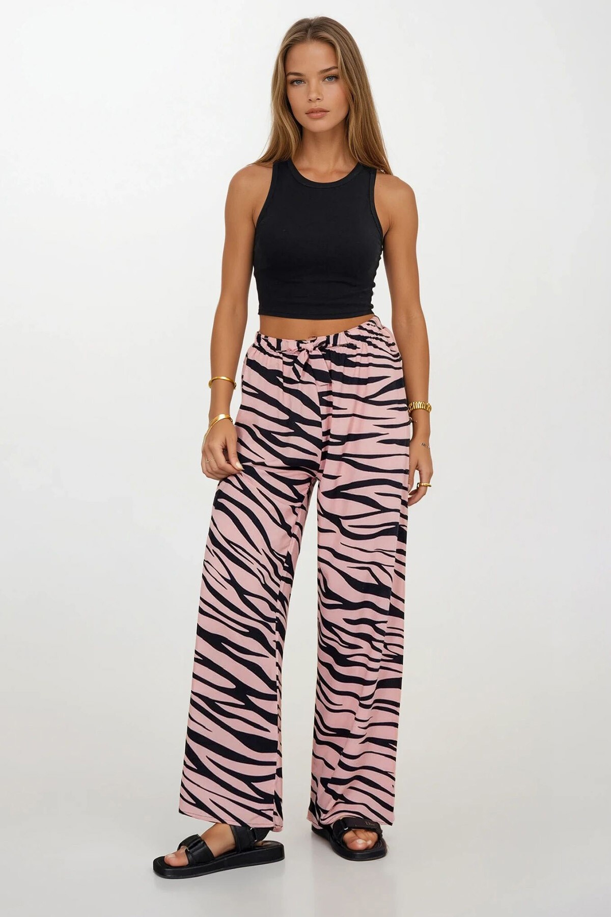 Pudra Beli Lastikli Bağcıklı Desenli Viskon Palazzo Pantolon