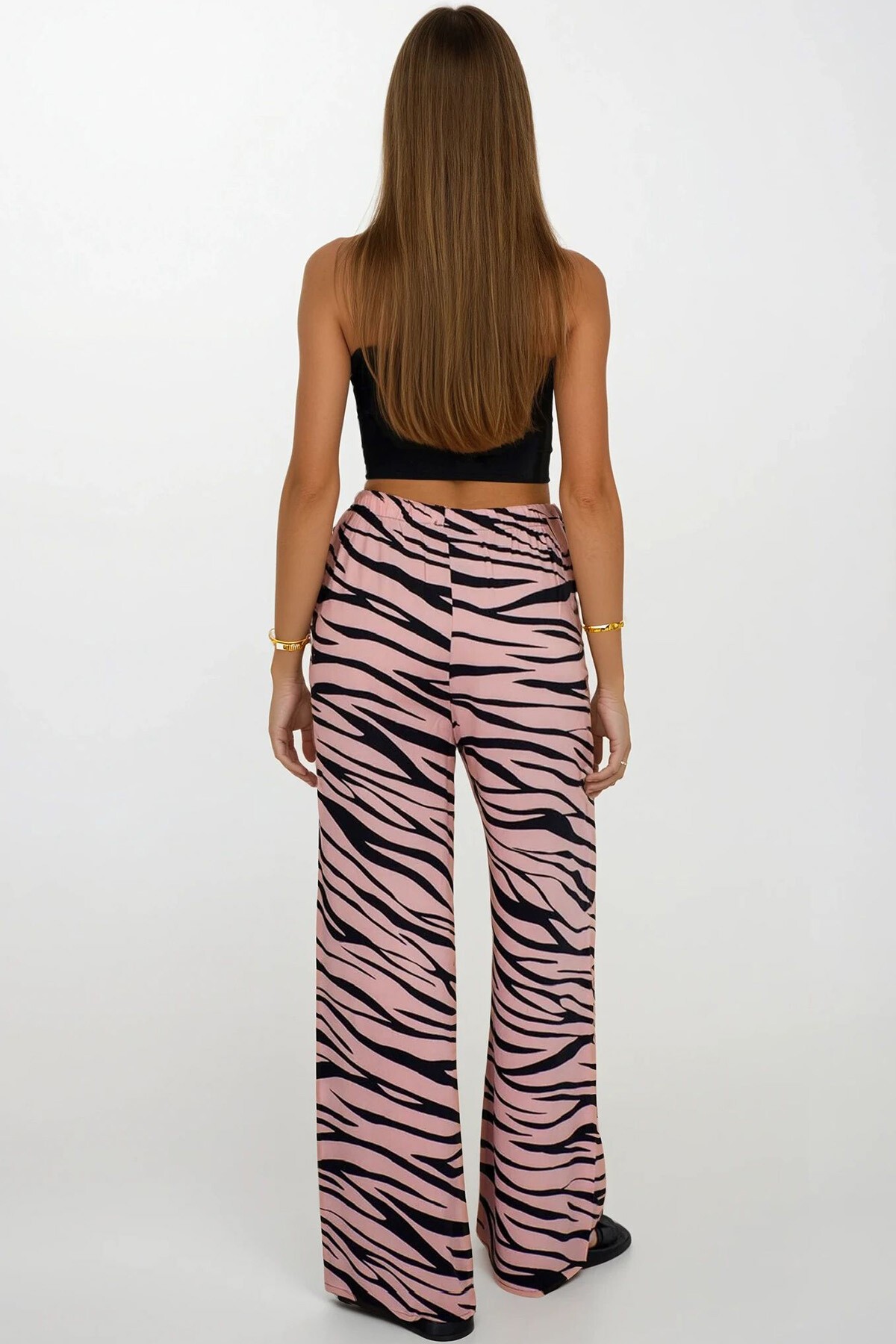 Pudra Beli Lastikli Bağcıklı Desenli Viskon Palazzo Pantolon