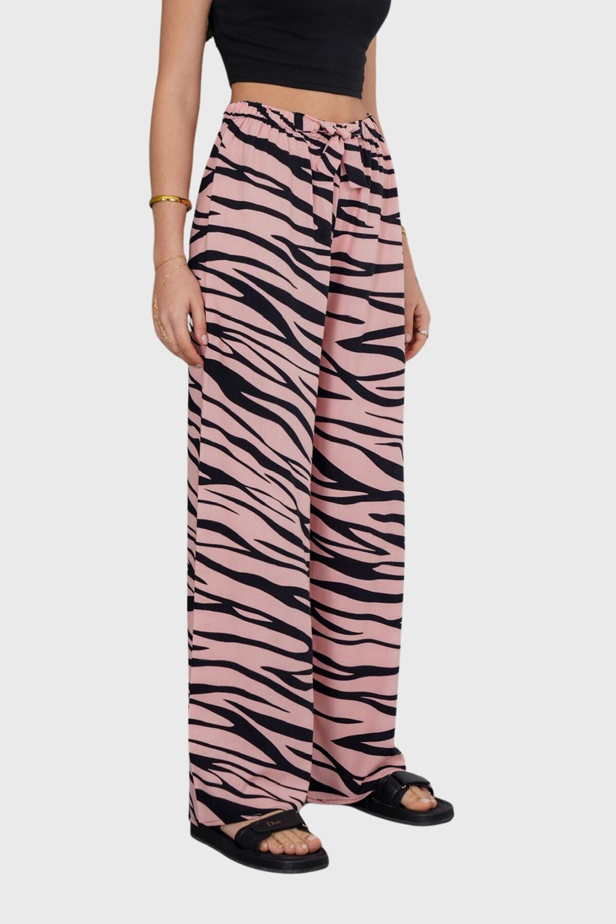 Pudra Beli Lastikli Bağcıklı Desenli Viskon Palazzo Pantolon