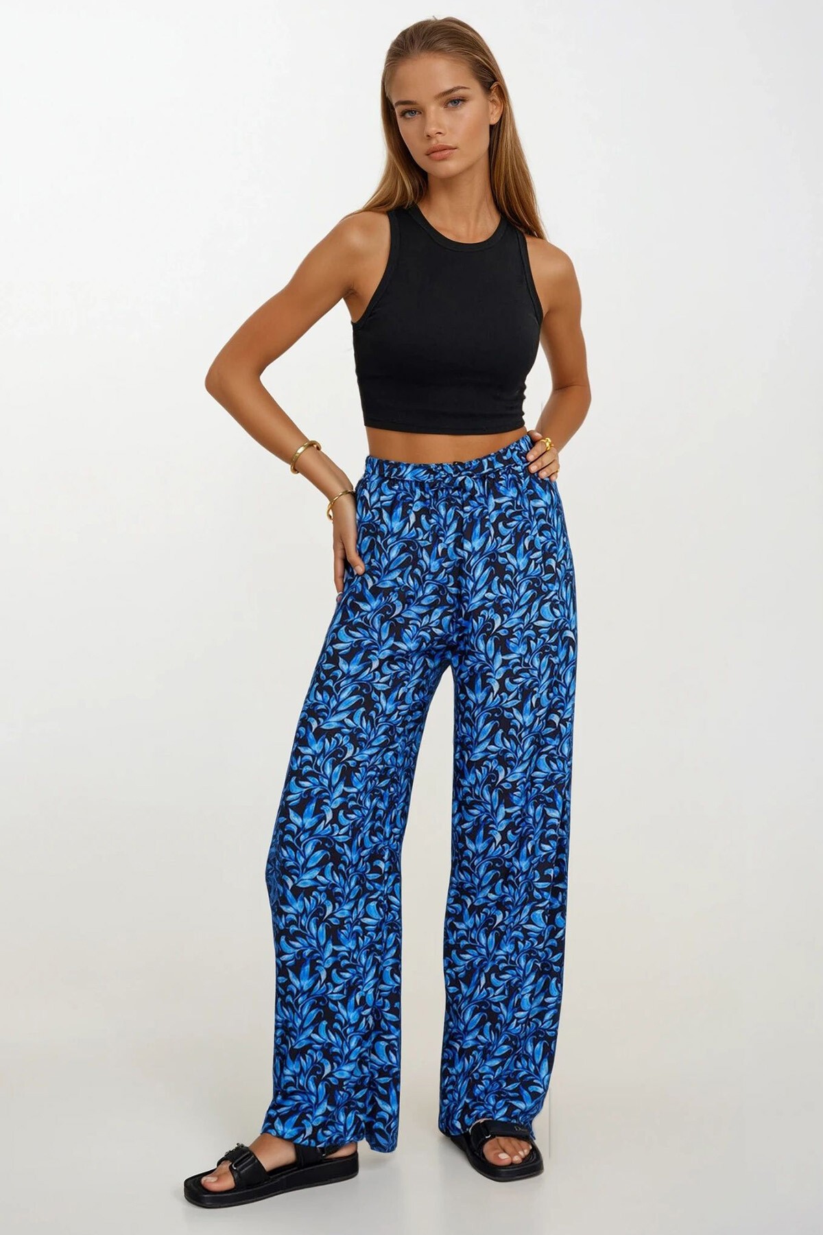 Saks Beli Lastikli Bağcıklı Desenli Viskon Palazzo Pantolon