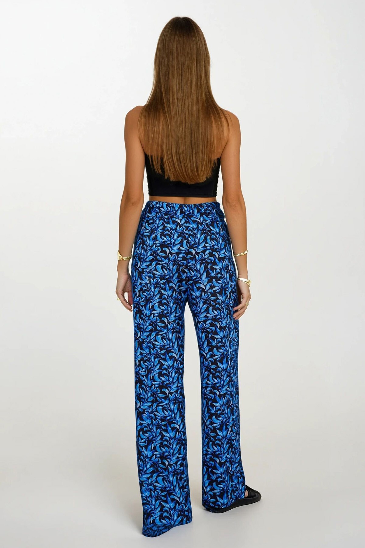 Saks Beli Lastikli Bağcıklı Desenli Viskon Palazzo Pantolon