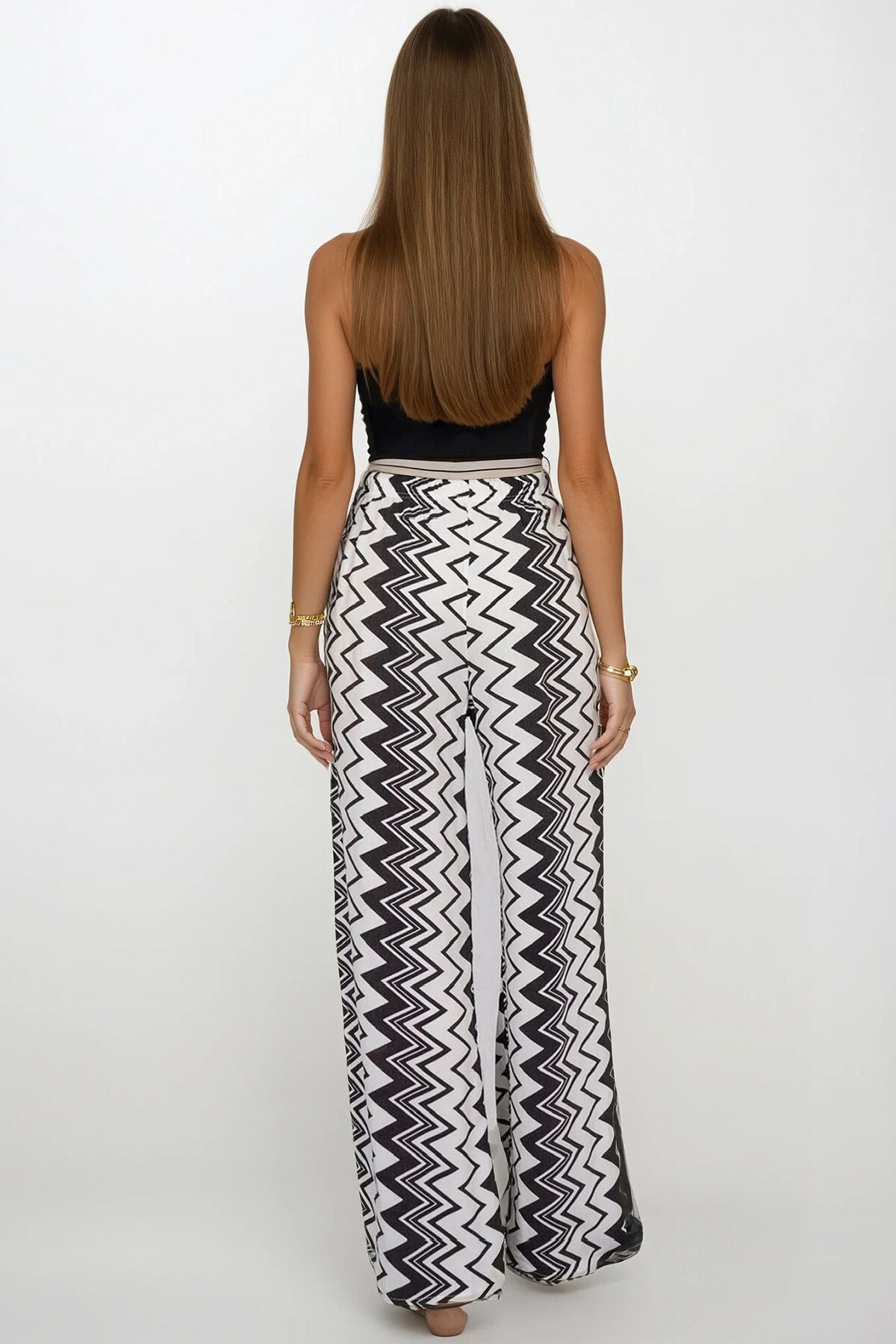 Siyah-Beyaz Beli Lastikli Bağcıklı Desenli Viskon Palazzo Pantolon