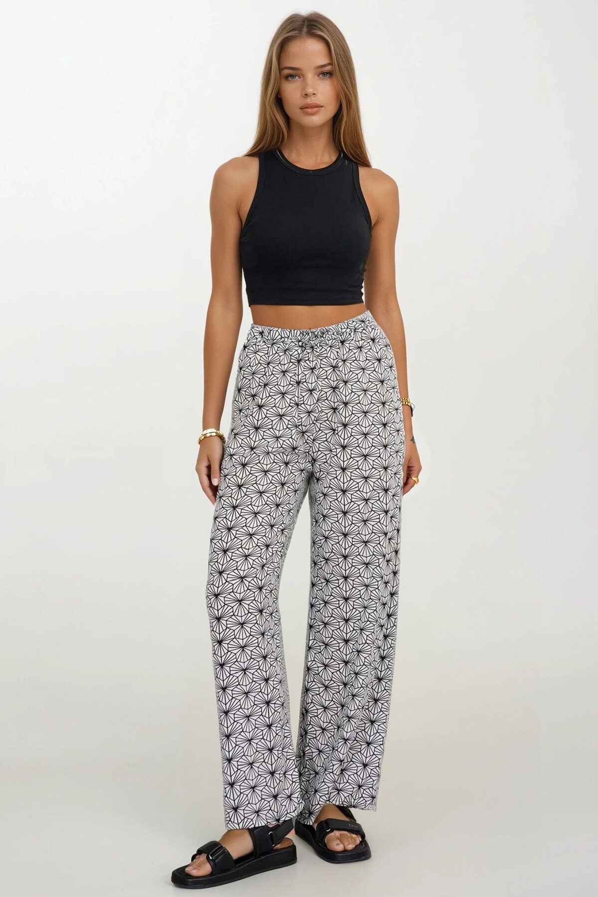 Siyah-Çizgili Beli Lastikli Bağcıklı Desenli Viskon Palazzo Pantolon